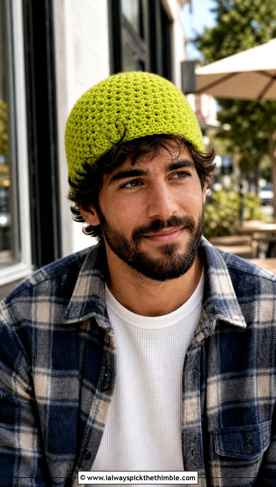 Moss Stitch Crochet Beanie With Flannel Overshirt - 20 easy men's crochet beanie outfit ideas
