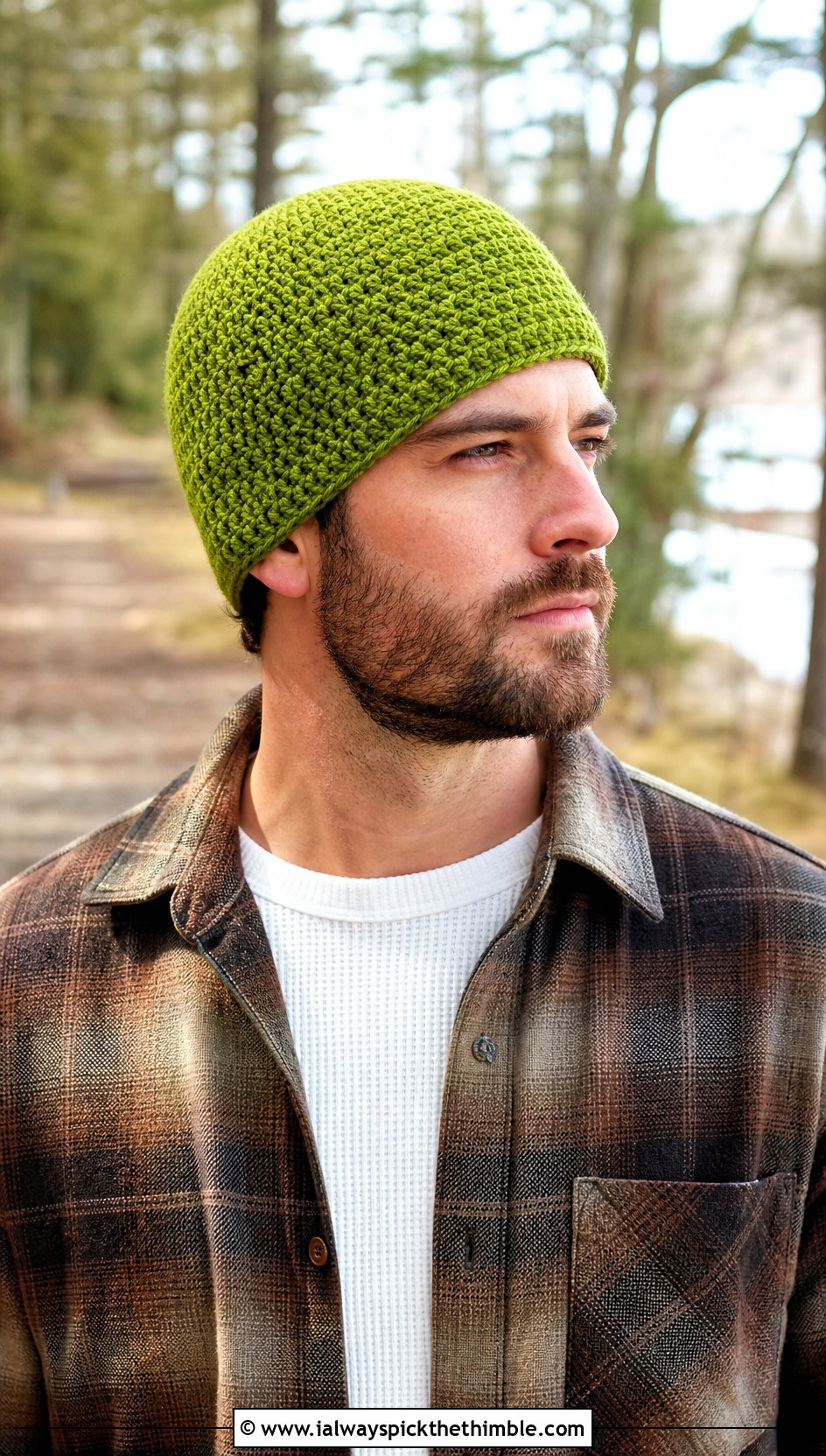 Moss Stitch Crochet Beanie With Flannel Overshirt - 25 Men Crochet Beanie outfit ideas
