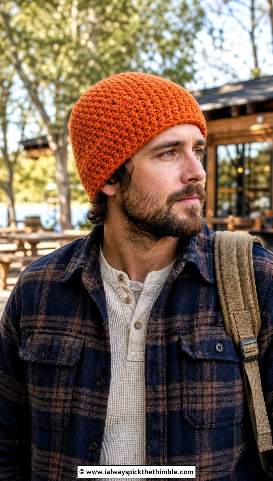Moss Stitch Crochet Beanie With Flannel Overshirt - 25 mens crochet hat outfit ideas