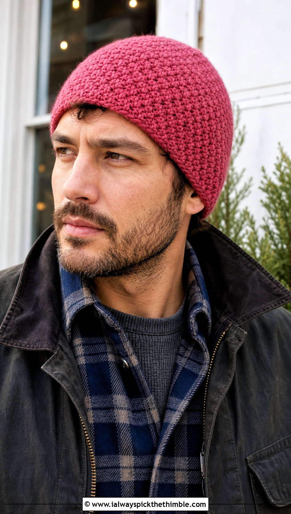 Moss Stitch Crochet Beanie With Flannel Overshirt - 20 Crochet Mens Winter Hat outfit ideas
