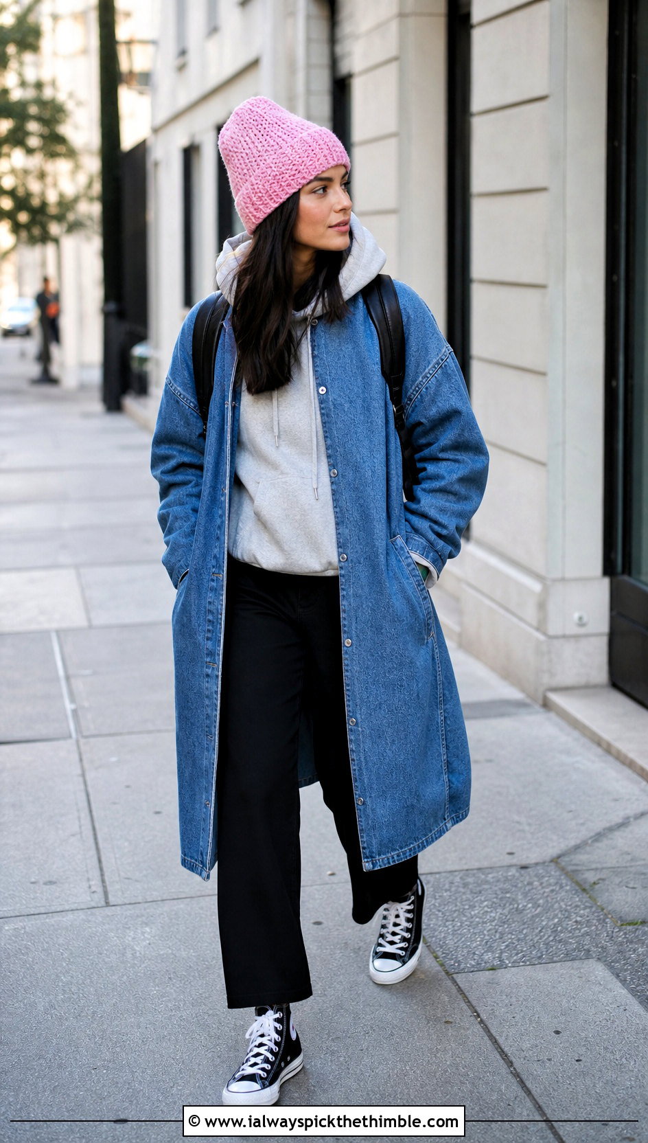 Moss Stitch Crochet Beanie With Hoodie And Denim Coat - 25 simple crochet beanie outfit ideas