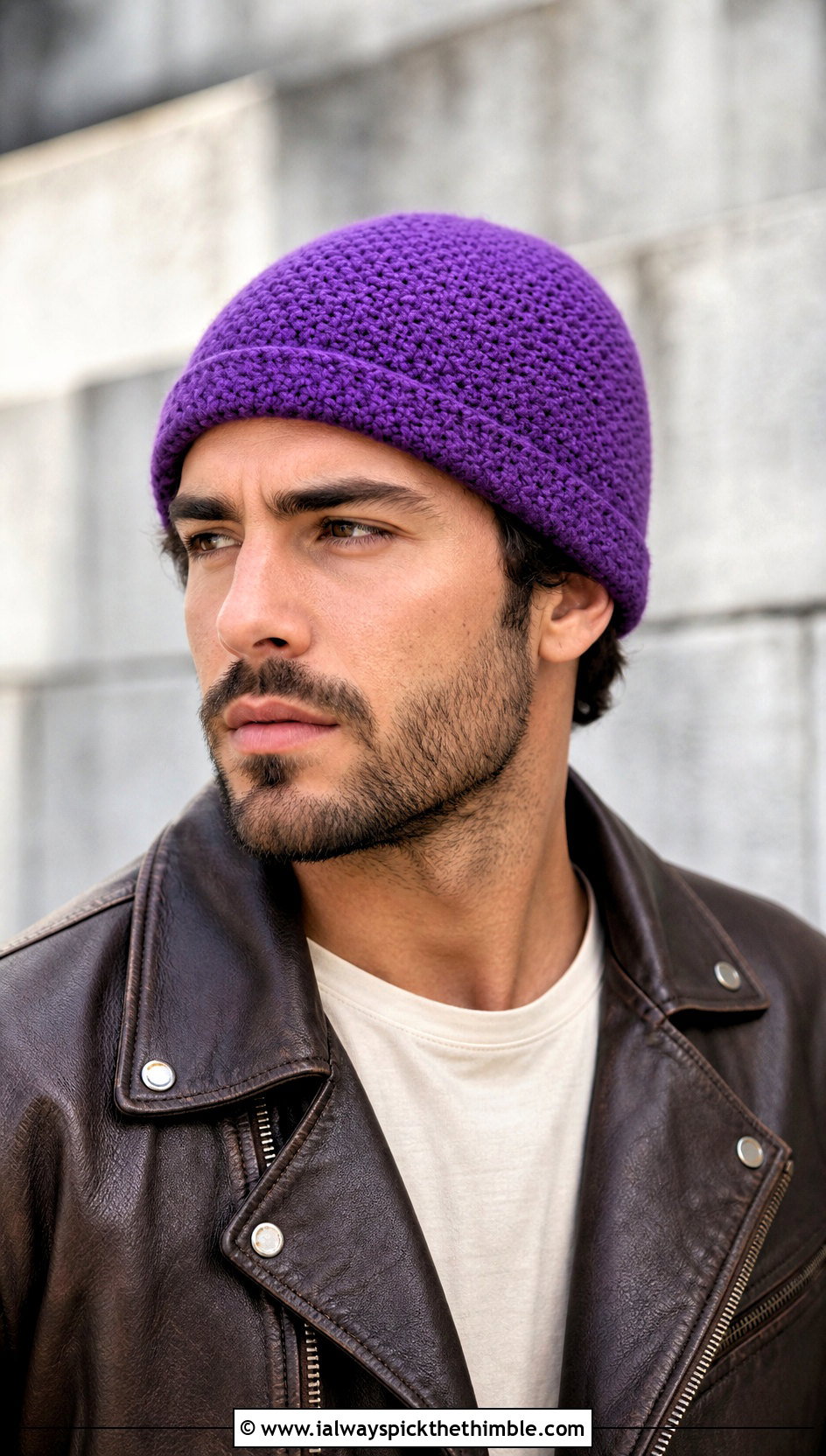 Moss Stitch Crochet Beanie With Leather Jacket - 20 Easy Mens Crochet Beanie outfit ideas