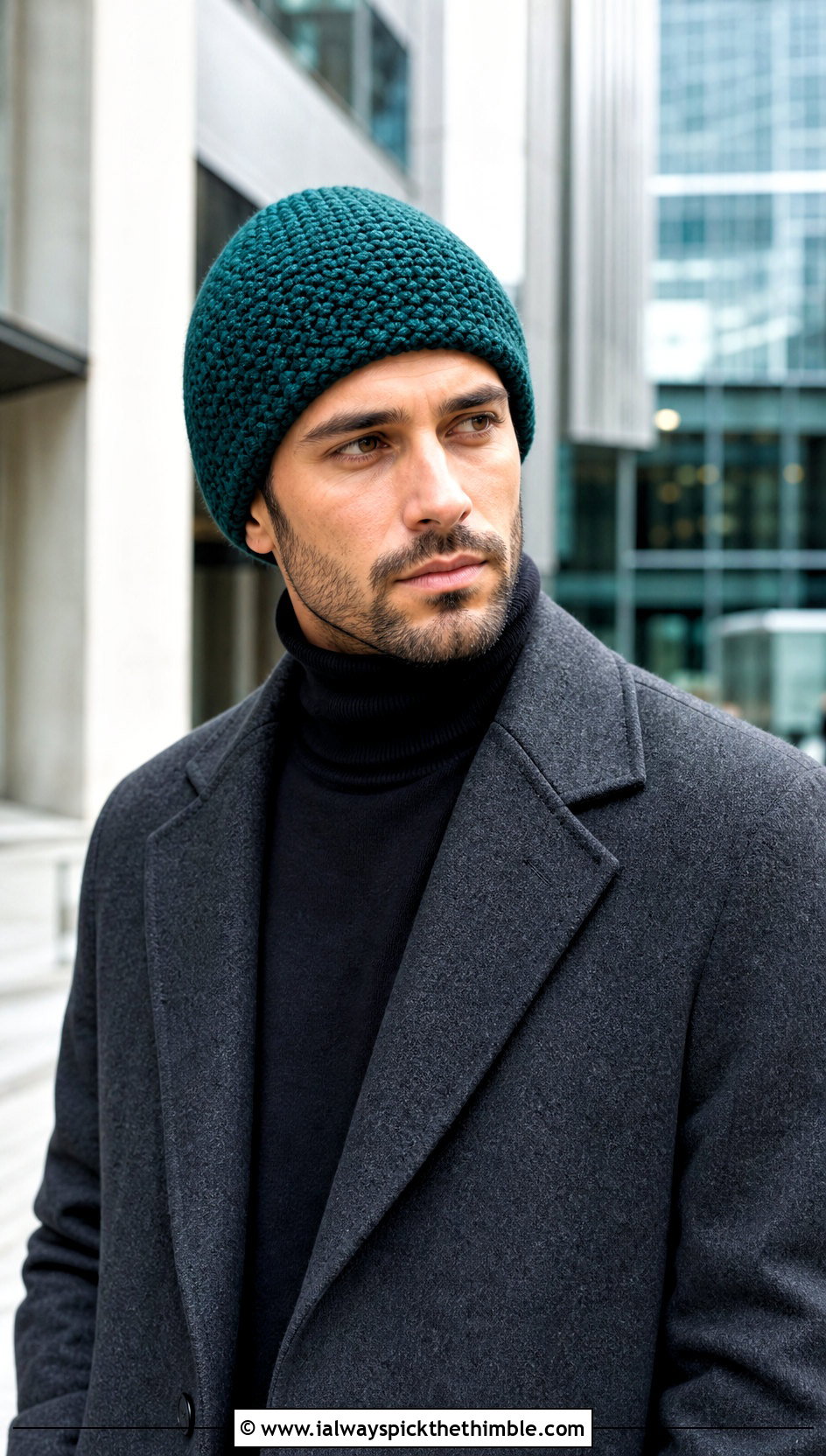 Moss Stitch Crochet Beanie With Overcoat And Trousers - 25 men's crochet beanie outfit ideas