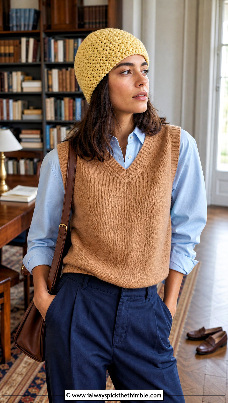 Moss Stitch Crochet Beanie With Sweater Vest And Button Down Shirt - 20 beginner crochet beanie outfit ideas