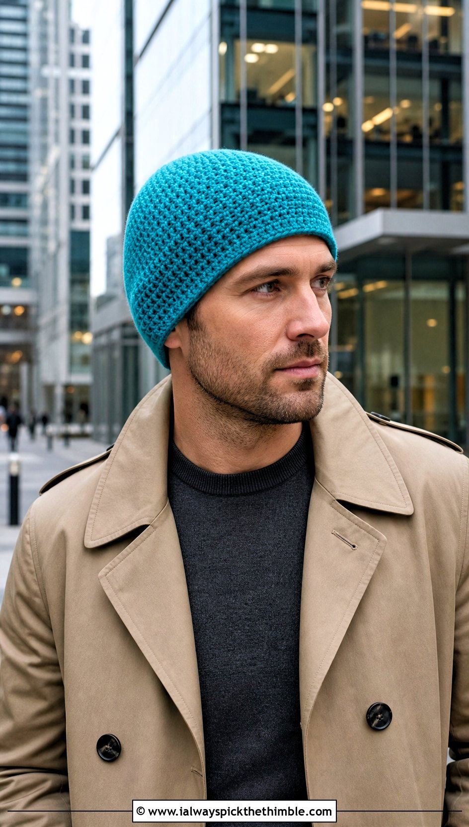 Moss Stitch Crochet Beanie With Trench Coat - 25 crochet cap for men outfit ideas