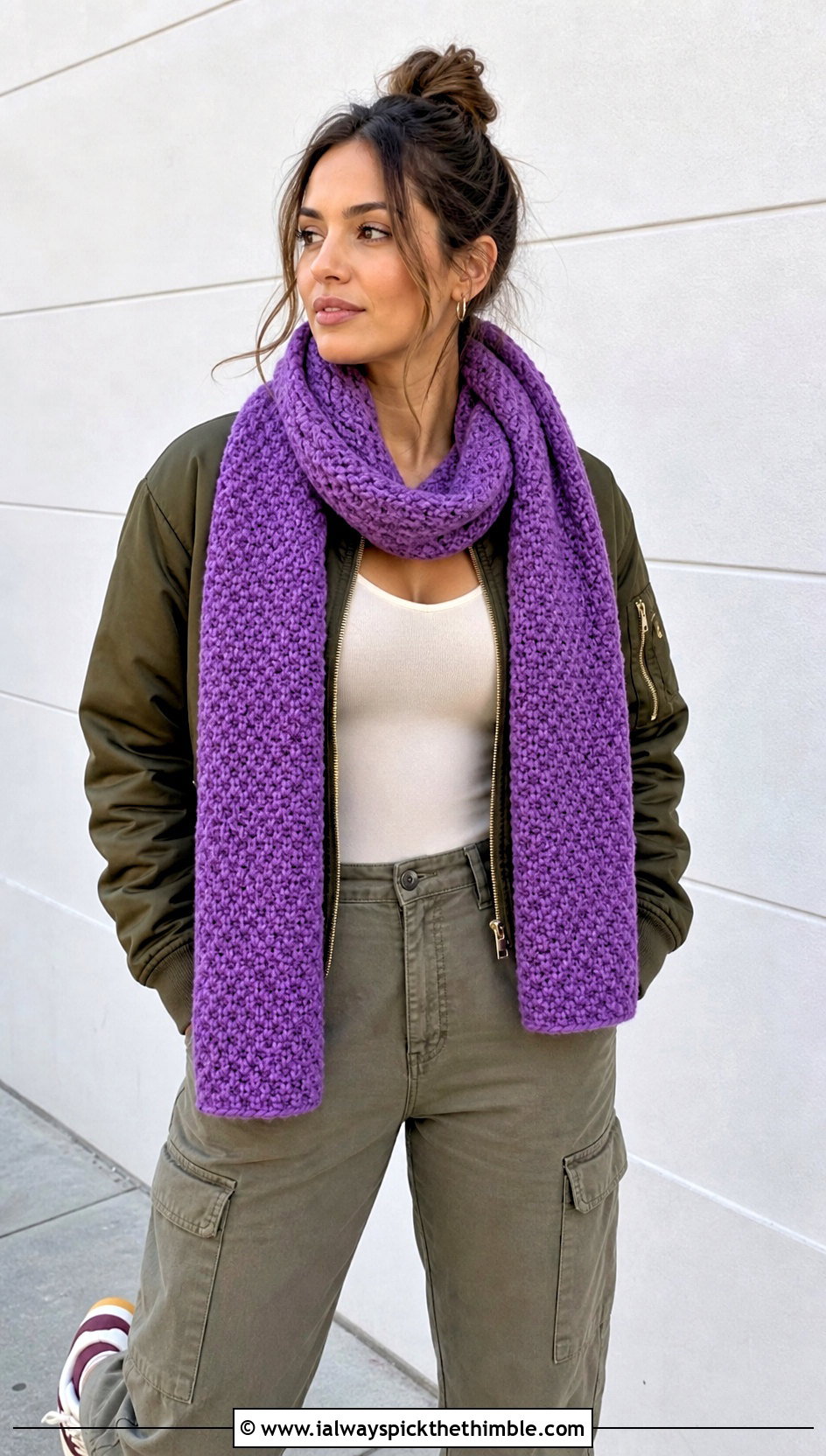 Moss Stitch Crochet Blanket Scarf With Cargo Pants - 25 crochet blanket scarf outfit ideas