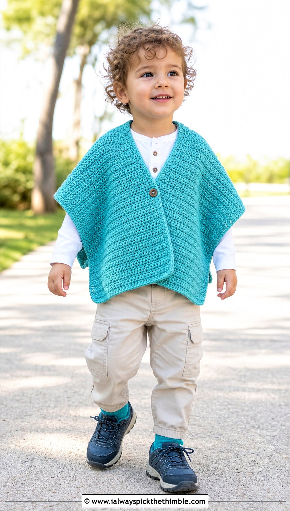 Moss Stitch Crochet Carseat Poncho With Henley And Cargo Pants - 20 Crochet Carseat Poncho outfit ideas