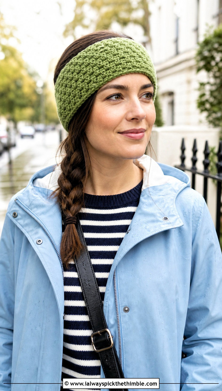 Moss Stitch Crochet Chunky Ear Warmer With Raincoat - 20 Crochet Chunky Ear Warmer outfit ideas