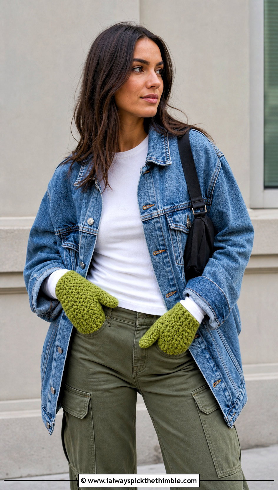 Moss Stitch Crochet Chunky Mittens With Denim Jacket And Cargo Pants - 20 crochet chunky mittens outfit ideas