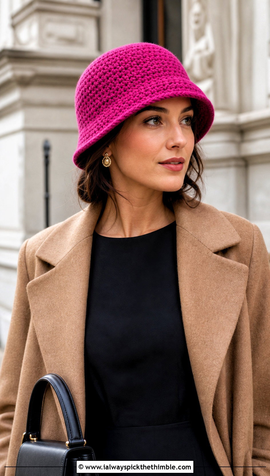 Moss Stitch Crochet Cloche With Wool Coat And Midi Dress - 20 Moss Stitch Crochet Hat outfit ideas