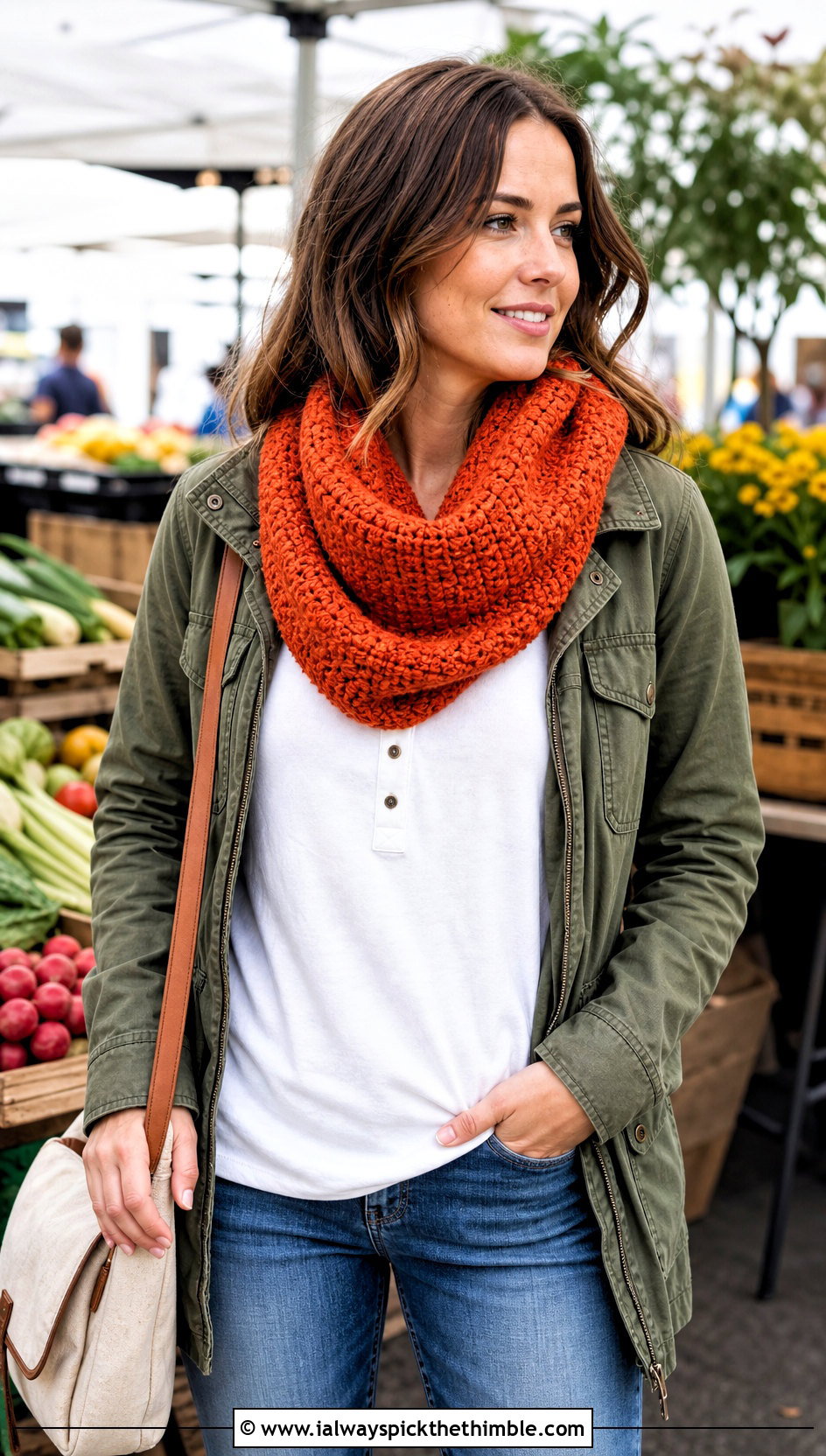 Moss Stitch Crochet Cowl Scarf With Utility Jacket - 25 crochet cowell scarf outfit ideas