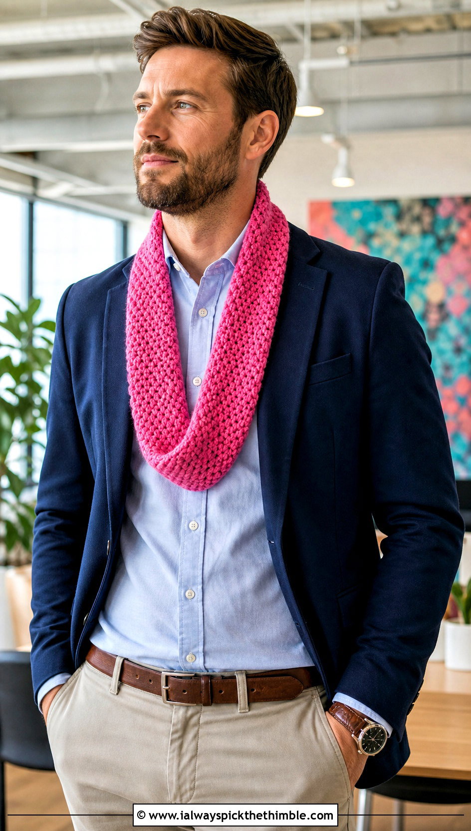 Moss Stitch Crochet Cowl With Blazer - 20 Men Crochet Cowl outfit ideas