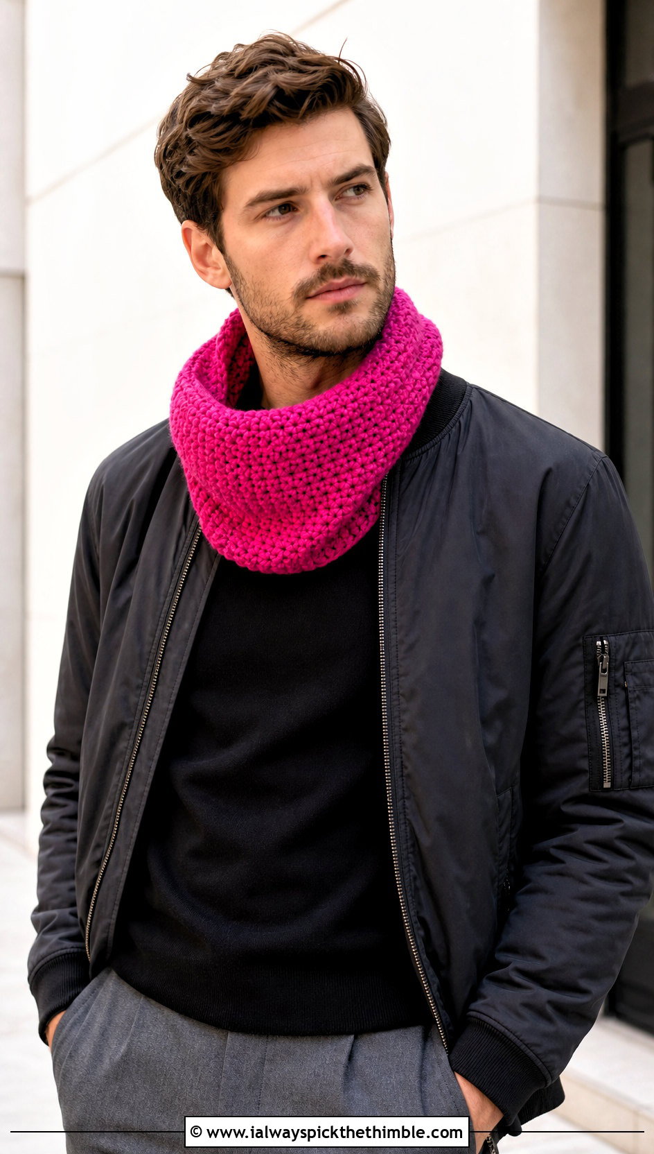Moss Stitch Crochet Cowl With Bomber Jacket - 20 crochet cowl for men outfit ideas