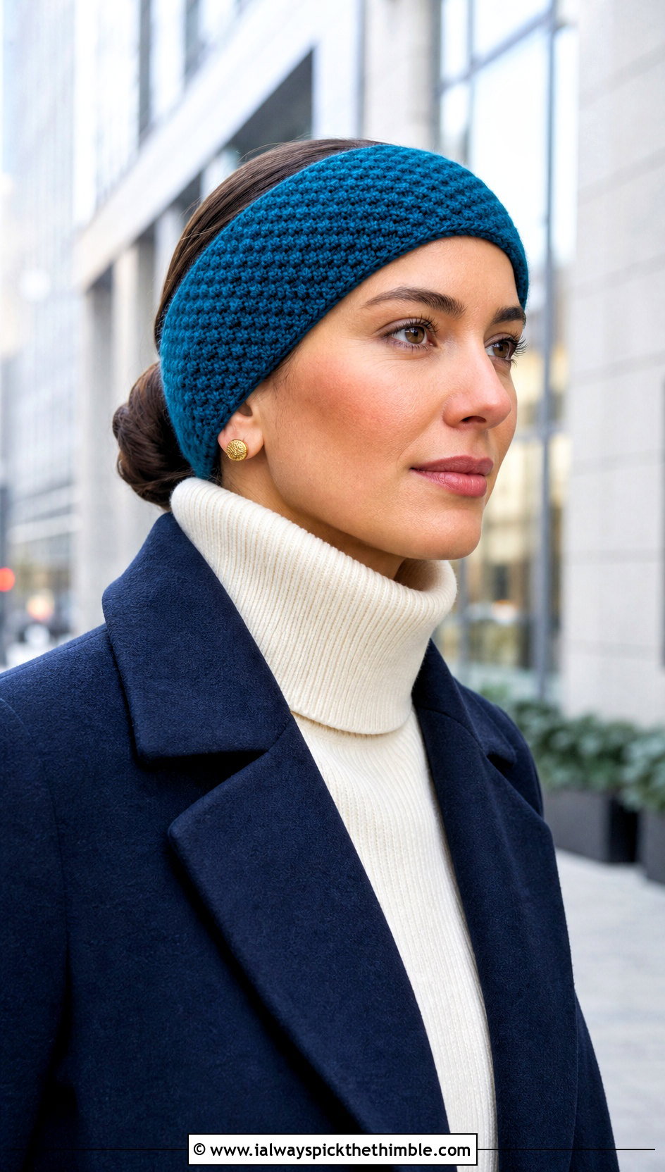 Moss Stitch Crochet Ear Warmer With Office Trousers - 20 Crochet Headband Ear Warmer outfit ideas