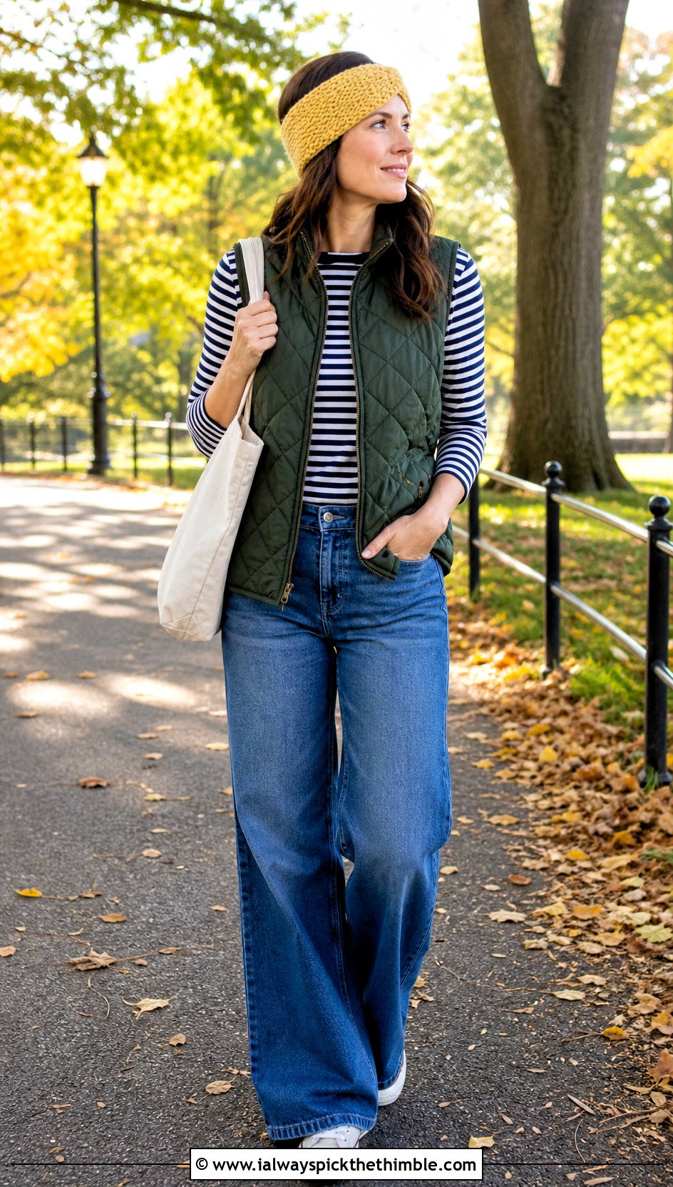 Moss Stitch Crochet Ear Warmer With Quilted Vest and Wide Leg Jeans - 20 Simple Crochet Ear Warmer outfit ideas