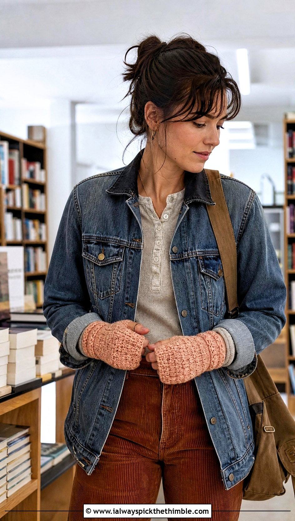 Moss Stitch Crochet Fingered Gloves With Chore Jacket And Corduroy Pants - 15 Crochet Fingered Gloves outfit ideas