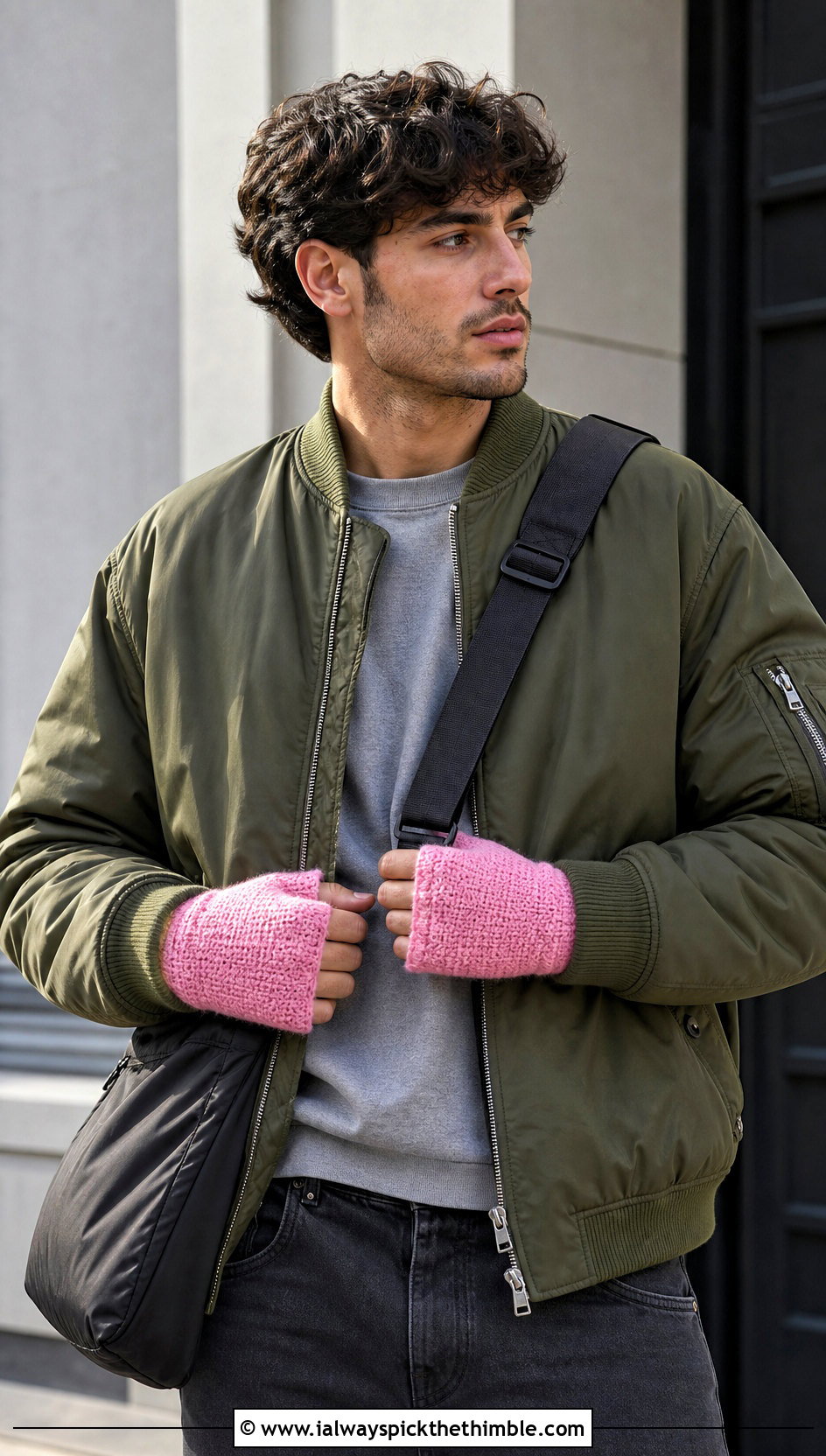 Moss Stitch Crochet Fingerless Gloves With Bomber Jacket - 20 Crochet Mens Fingerless Gloves outfit ideas