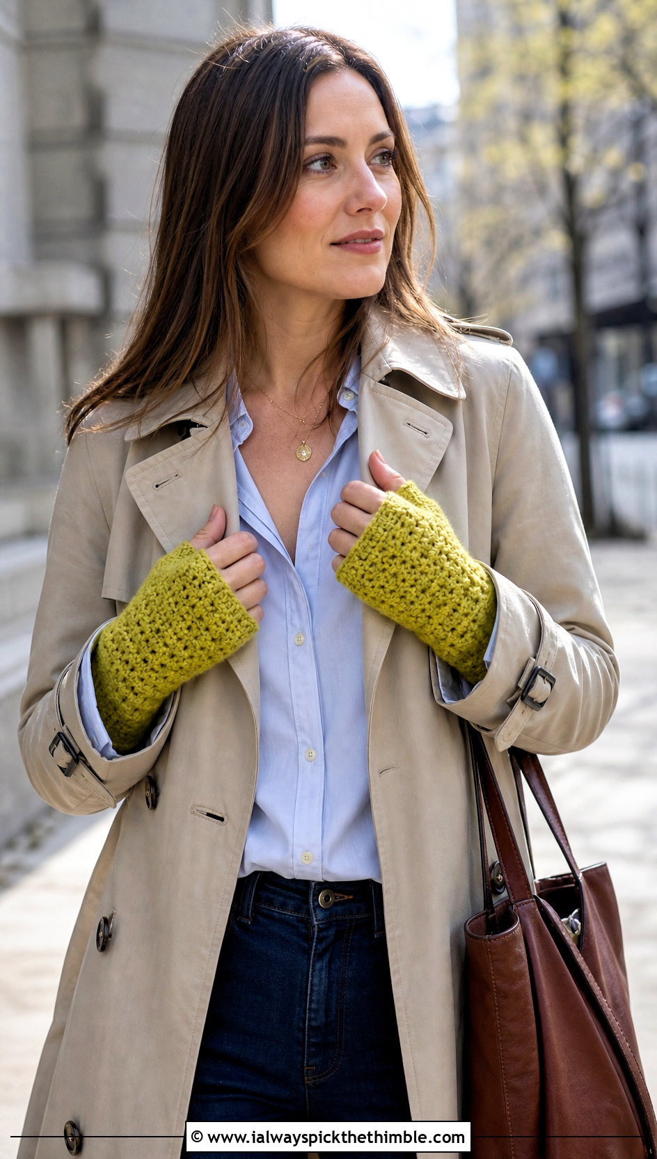 Moss Stitch Crochet Fingerless Gloves With Trench Coat - 20 Simple Crochet Fingerless Gloves outfit ideas