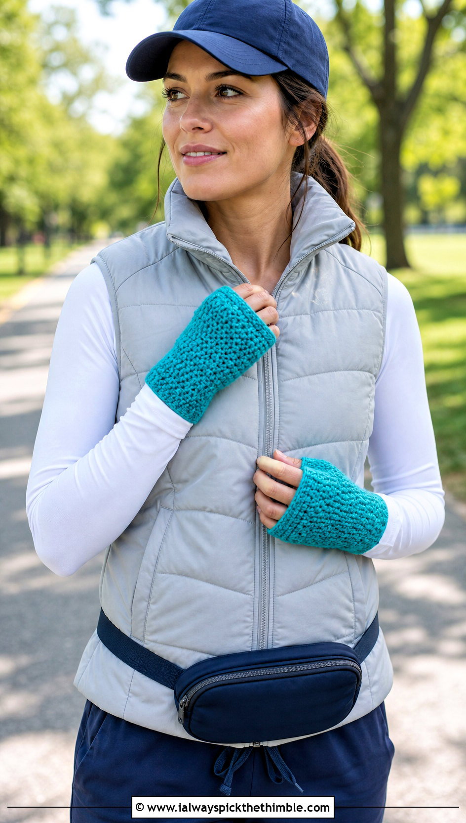 Moss Stitch Crochet Fingerless Mittens With Puffer Vest And Joggers - 20 crochet fingerless mittens outfit ideas
