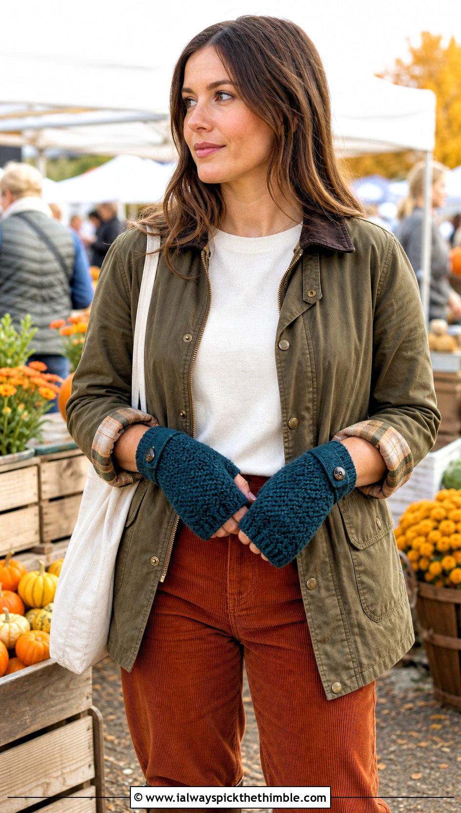 Moss Stitch Crochet Hand Warmers With Barn Jacket And Corduroy Pants - 20 Easy Crochet Arm Warmers outfit ideas