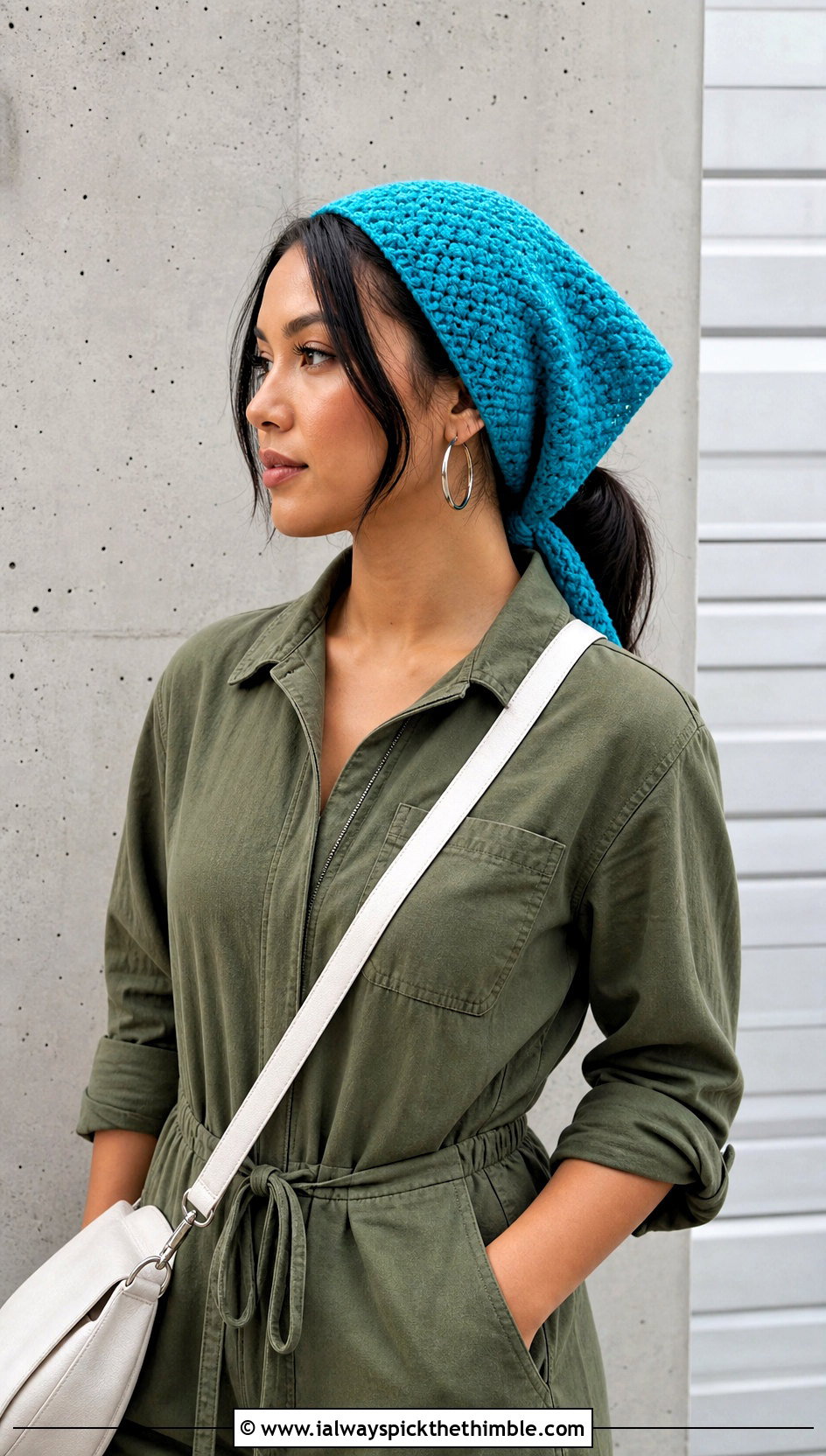 Moss Stitch Crochet Head Scarf With Utility Jumpsuit - 25 crochet head scarf outfit ideas