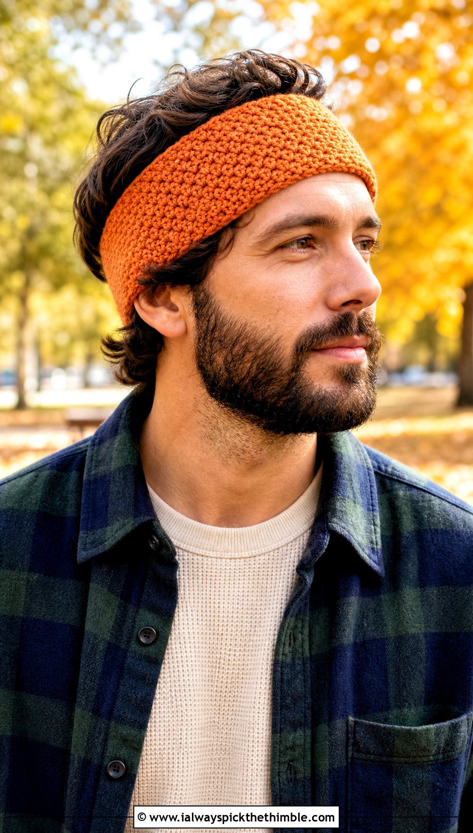 Moss Stitch Crochet Headband With Flannel Overshirt - 20 men's crochet headband outfit ideas