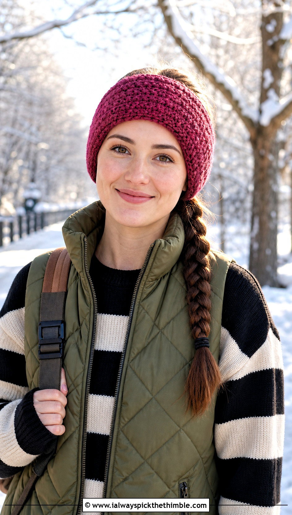 Moss Stitch Crochet Headband With Quilted Vest - 25 winter crochet headband outfit ideas