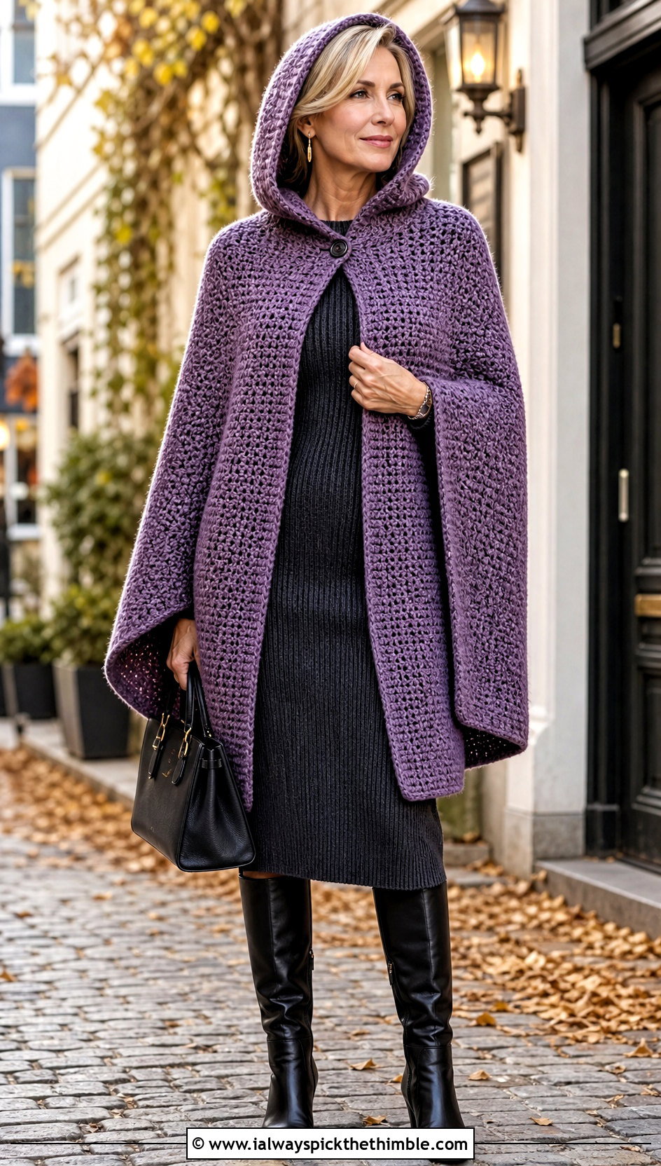 Moss Stitch Crochet Hooded Cape With Knit Dress - 25 crochet hooded cape outfit ideas
