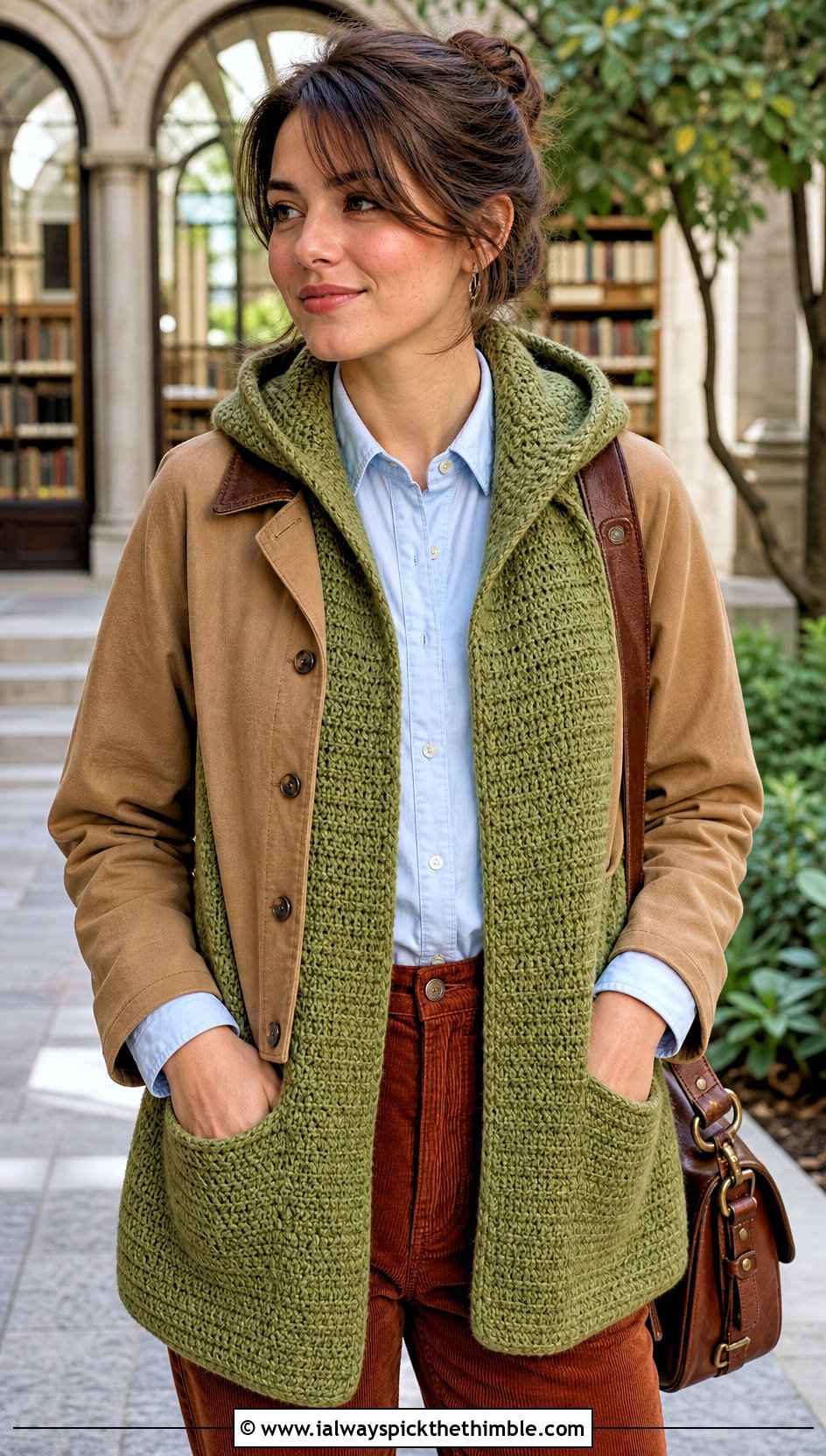 Moss Stitch Crochet Hooded Pocket Scarf With Corduroy Pants - 20 crochet hooded pocket scarf outfit ideas