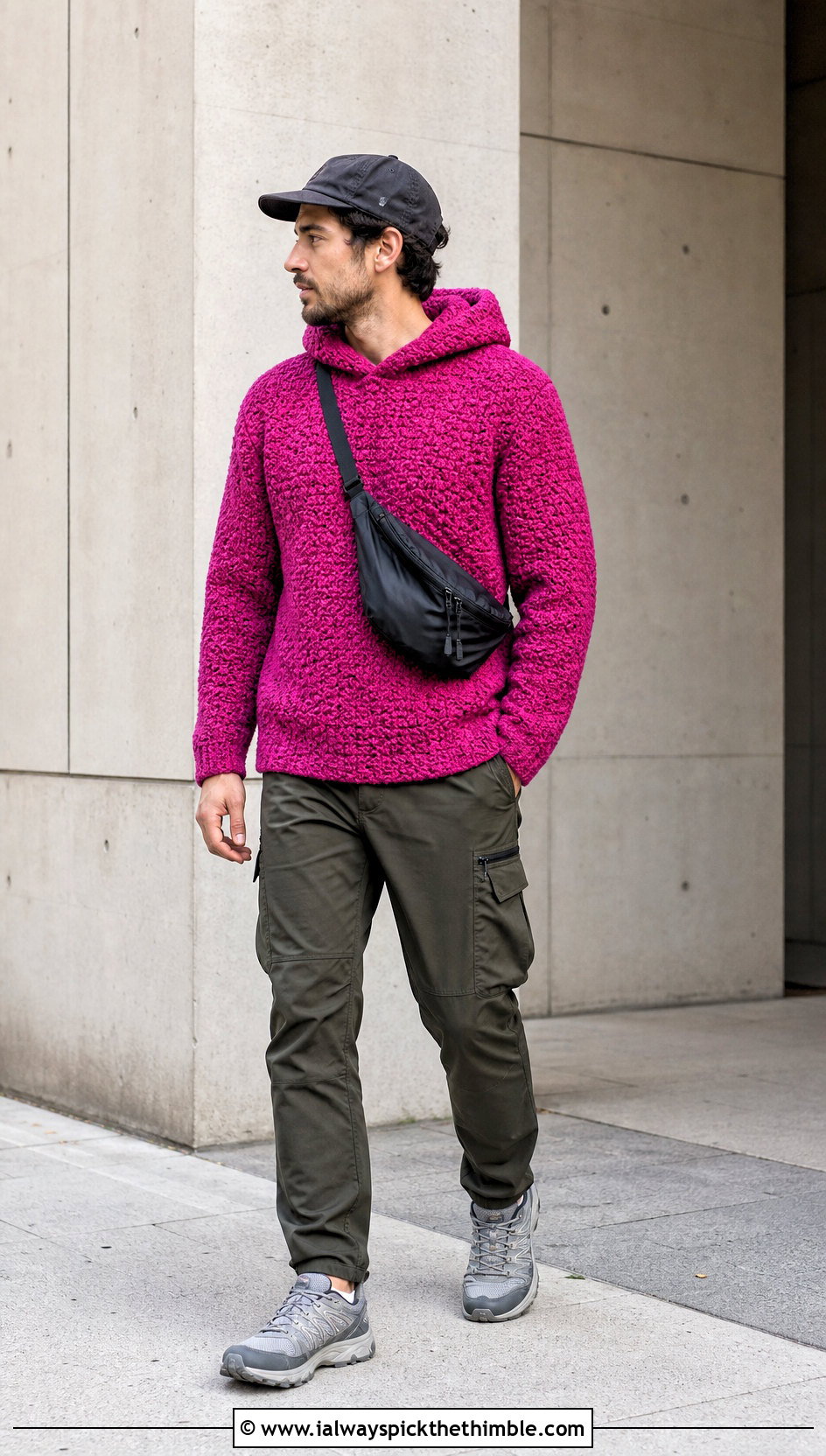 Moss Stitch Crochet Hoodie With Utility Trousers - 20 Crochet Hoodie Men outfit ideas