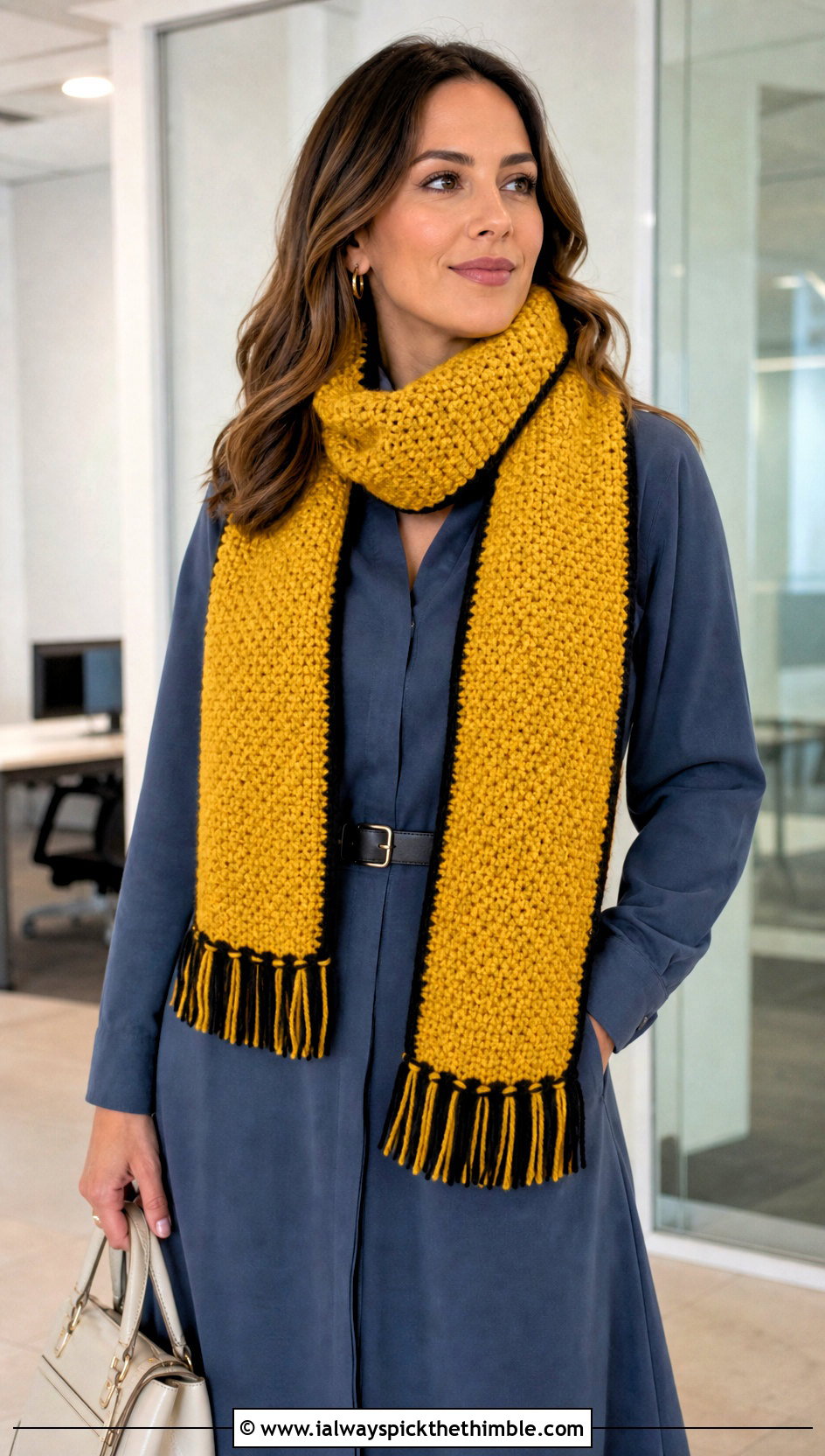 Moss Stitch Crochet Hufflepuff Scarf With Shirt Dress - 20 crochet hufflepuff scarf outfit ideas
