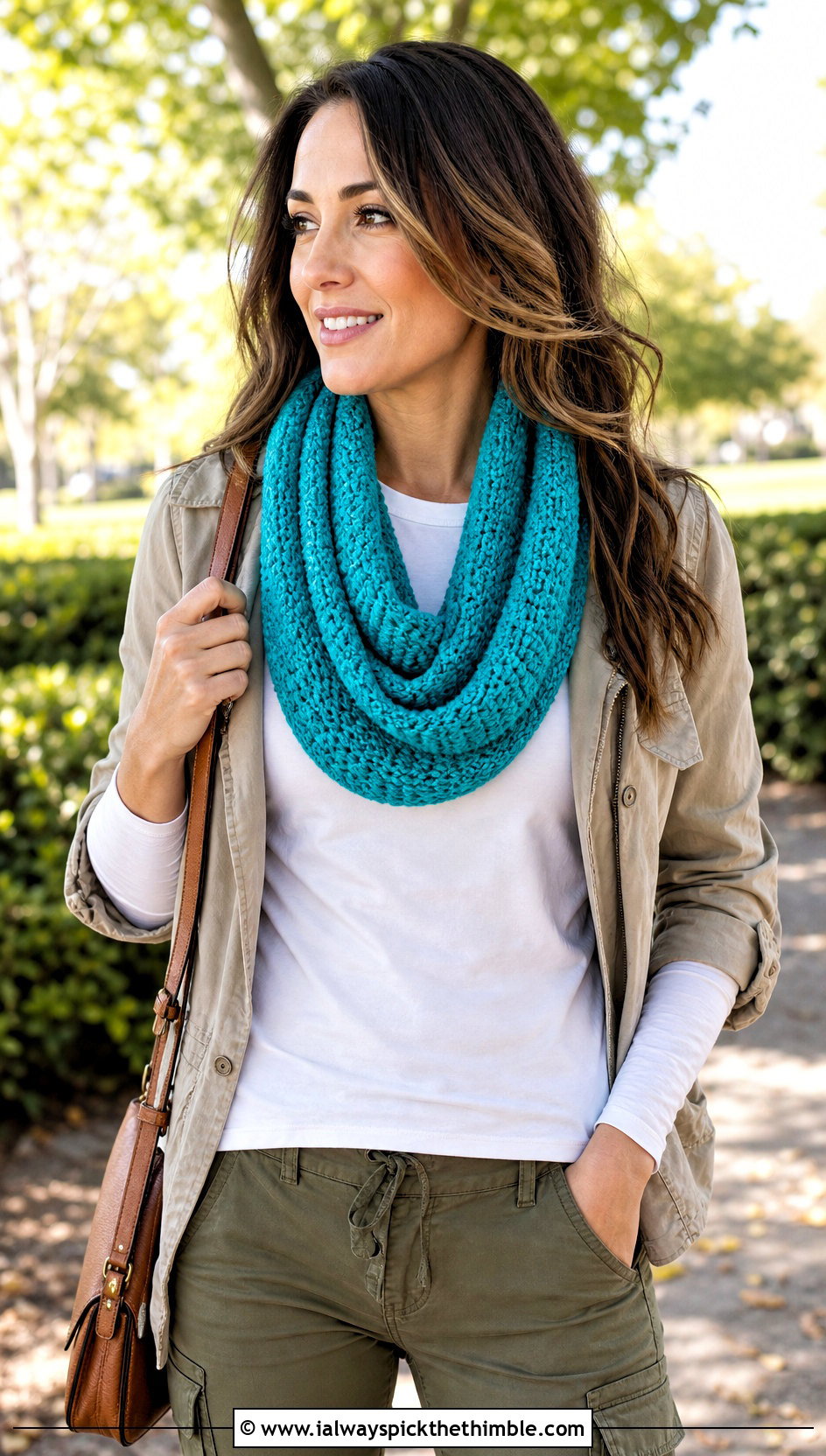 Moss Stitch Crochet Infinity Scarf With Utility Jacket - 20 easy crochet infinity scarf outfit ideas
