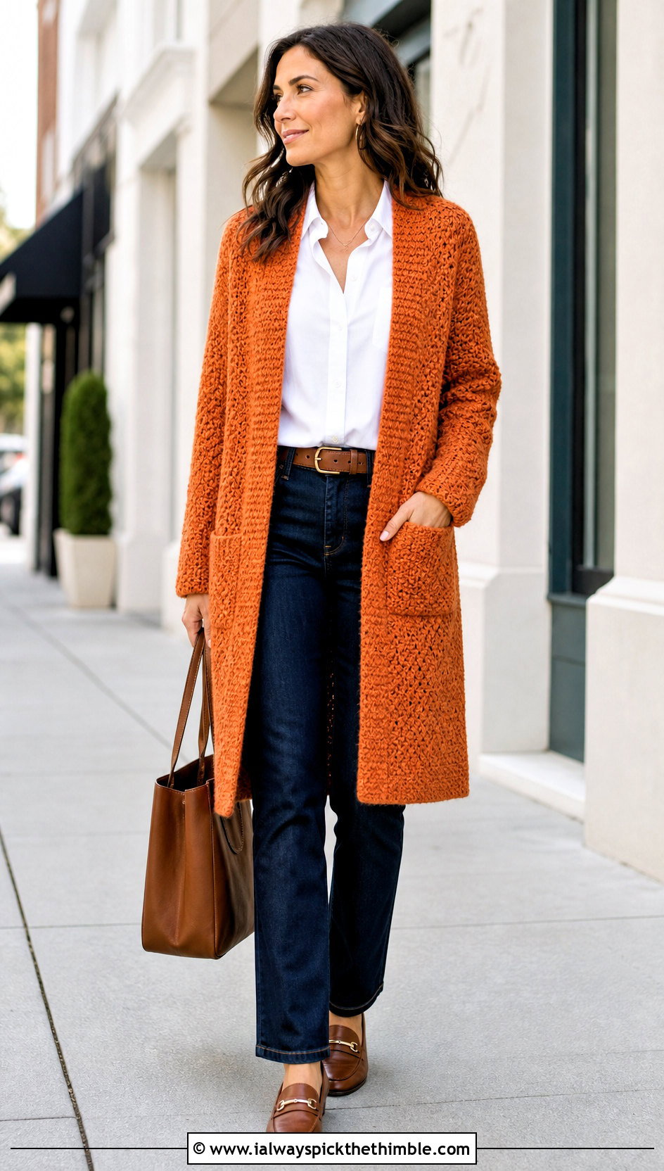 Moss Stitch Crochet Longline Cardigan With White Shirt - 20 Crochet Longline Cardigan outfit ideas