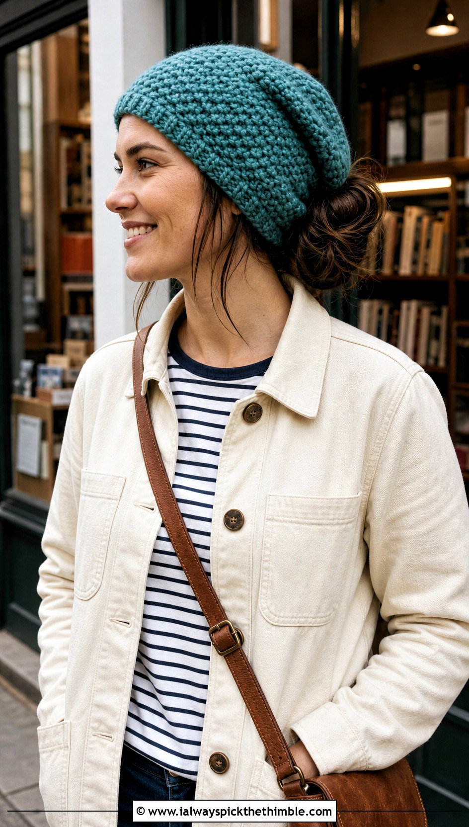 Moss Stitch Crochet Messy Bun Hat With Chore Jacket - 20 Crochet Messy Bun Hat Bulky Yarn outfit ideas
