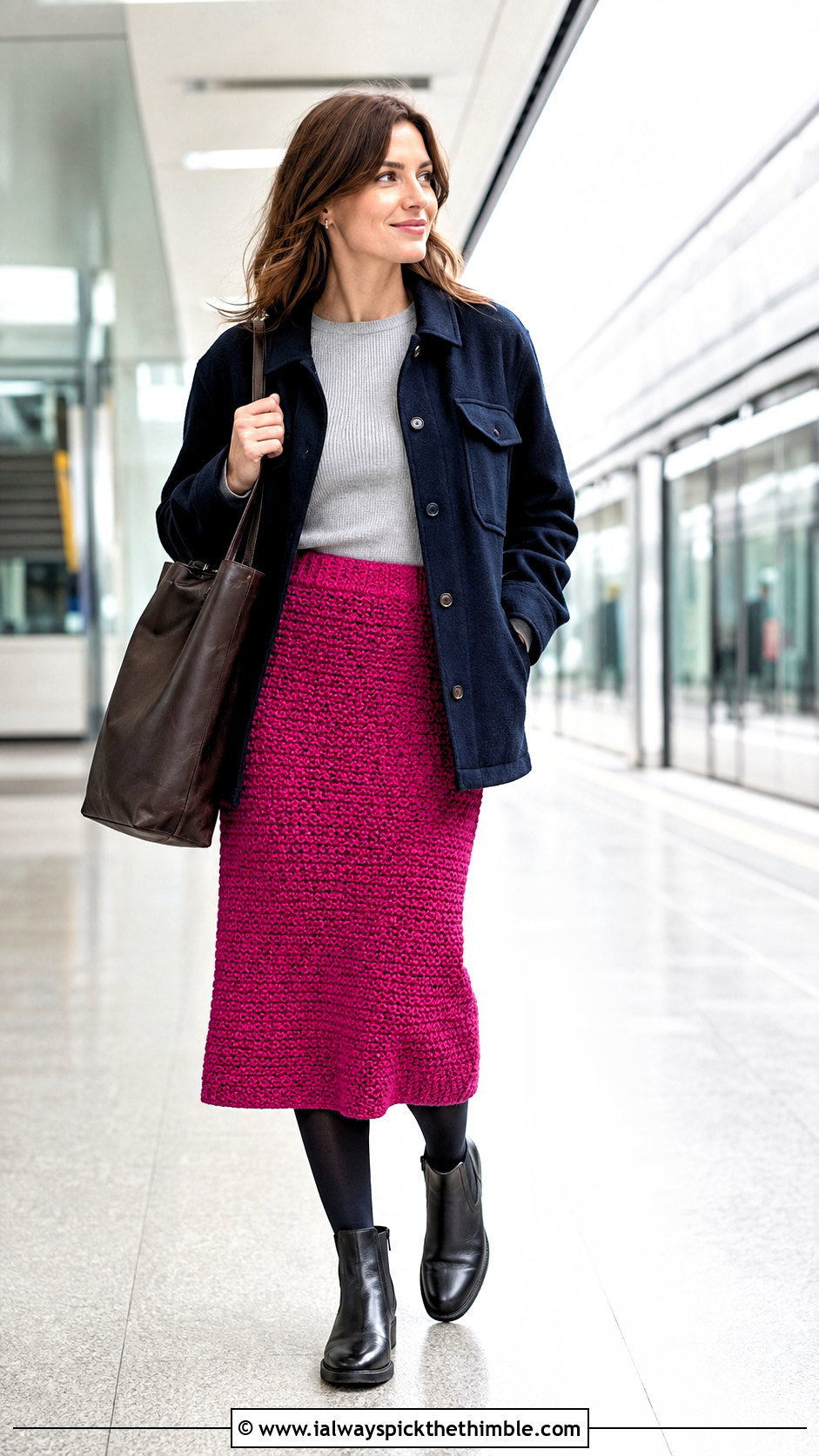 Moss Stitch Crochet Midi Skirt With Shacket - 25 crochet winter skirt outfit ideas