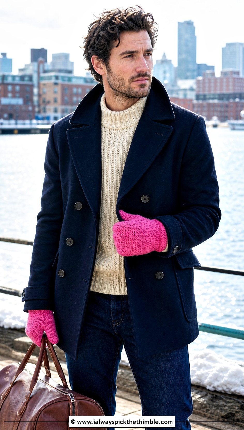 Moss Stitch Crochet Mittens With Peacoat - 20 Crochet Mens Gloves outfit ideas