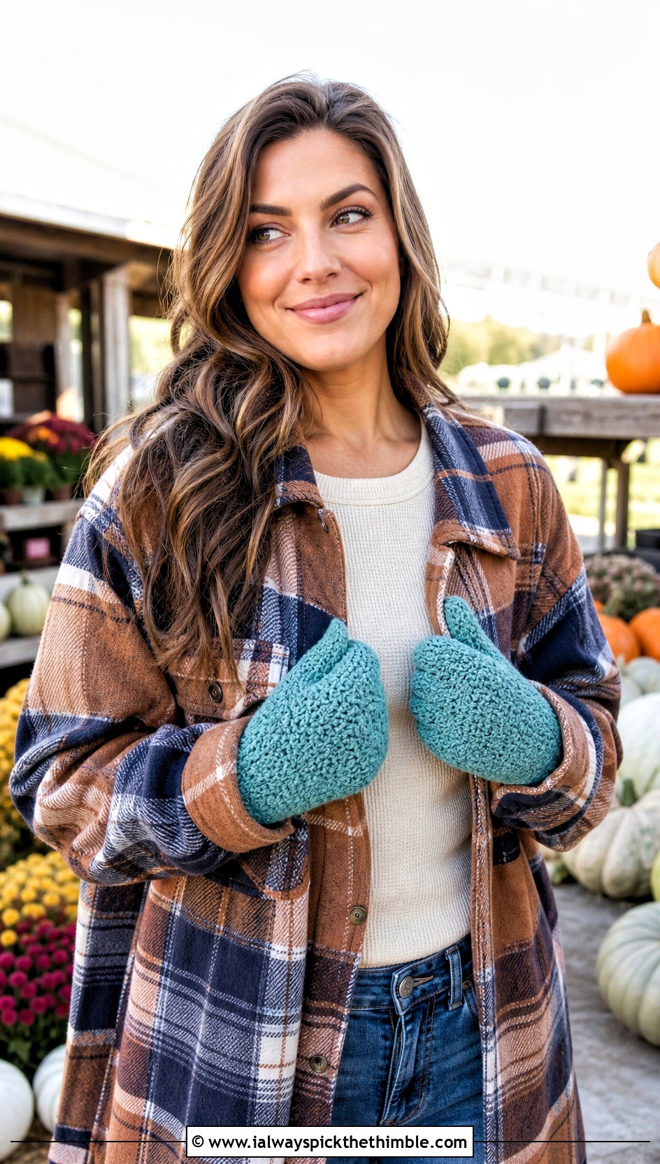 Moss Stitch Crochet Mittens With Plaid Shacket - 20 crochet hand mittens outfit ideas