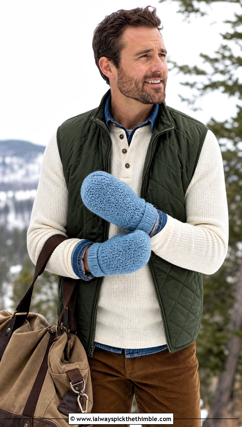 Moss Stitch Crochet Mittens With Quilted Vest - 20 crochet mittens for men outfit ideas