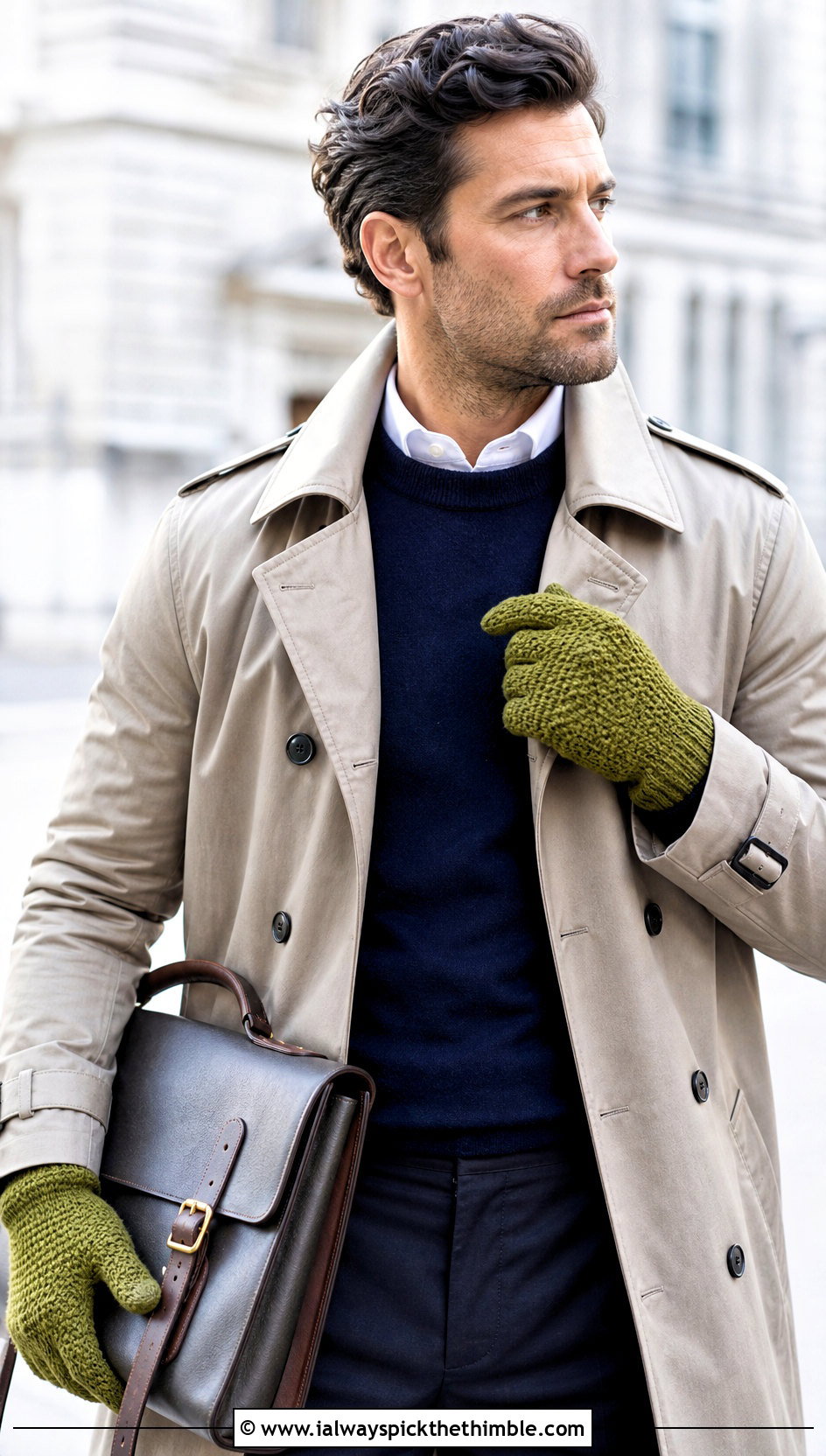 Moss Stitch Crochet Mittens With Trench Coat - 20 Crochet Mens Mittens outfit ideas