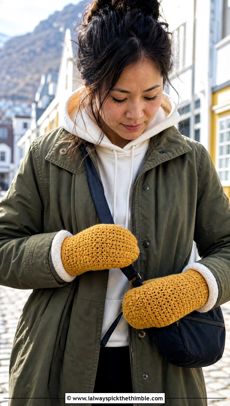 Moss Stitch Crochet Mittens With Utility Jacket - 15 Crochet Mittens With Fleece Lining outfit ideas