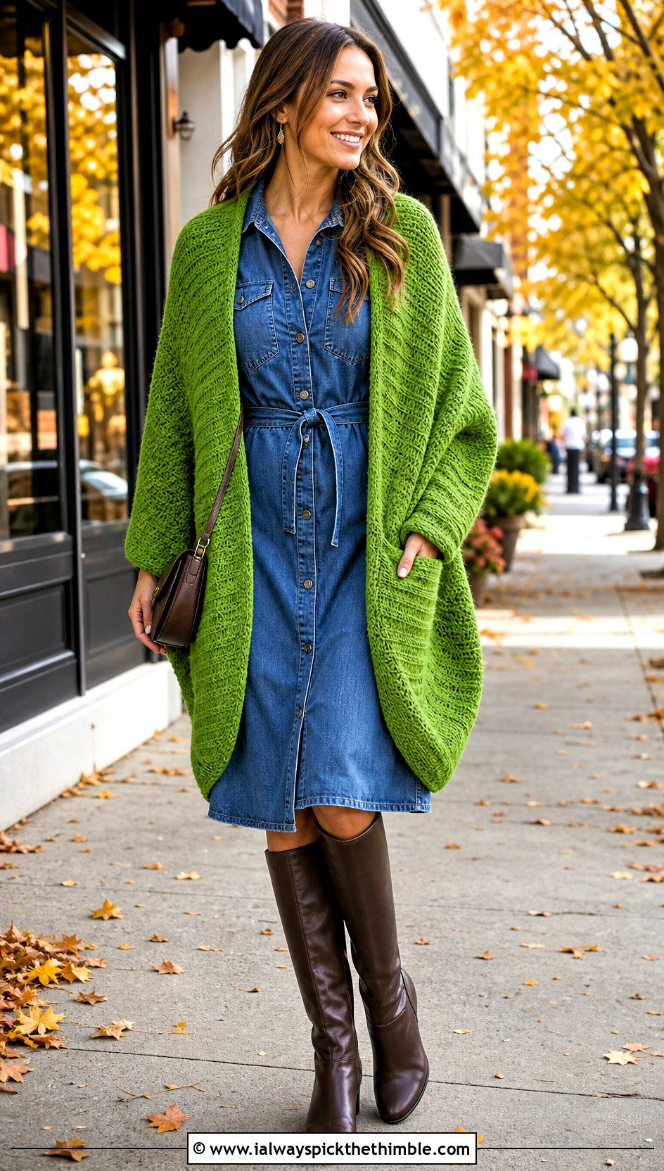 Moss Stitch Crochet Pocket Shawl With Denim Dress - 25 crochet pocket shawl outfit ideas