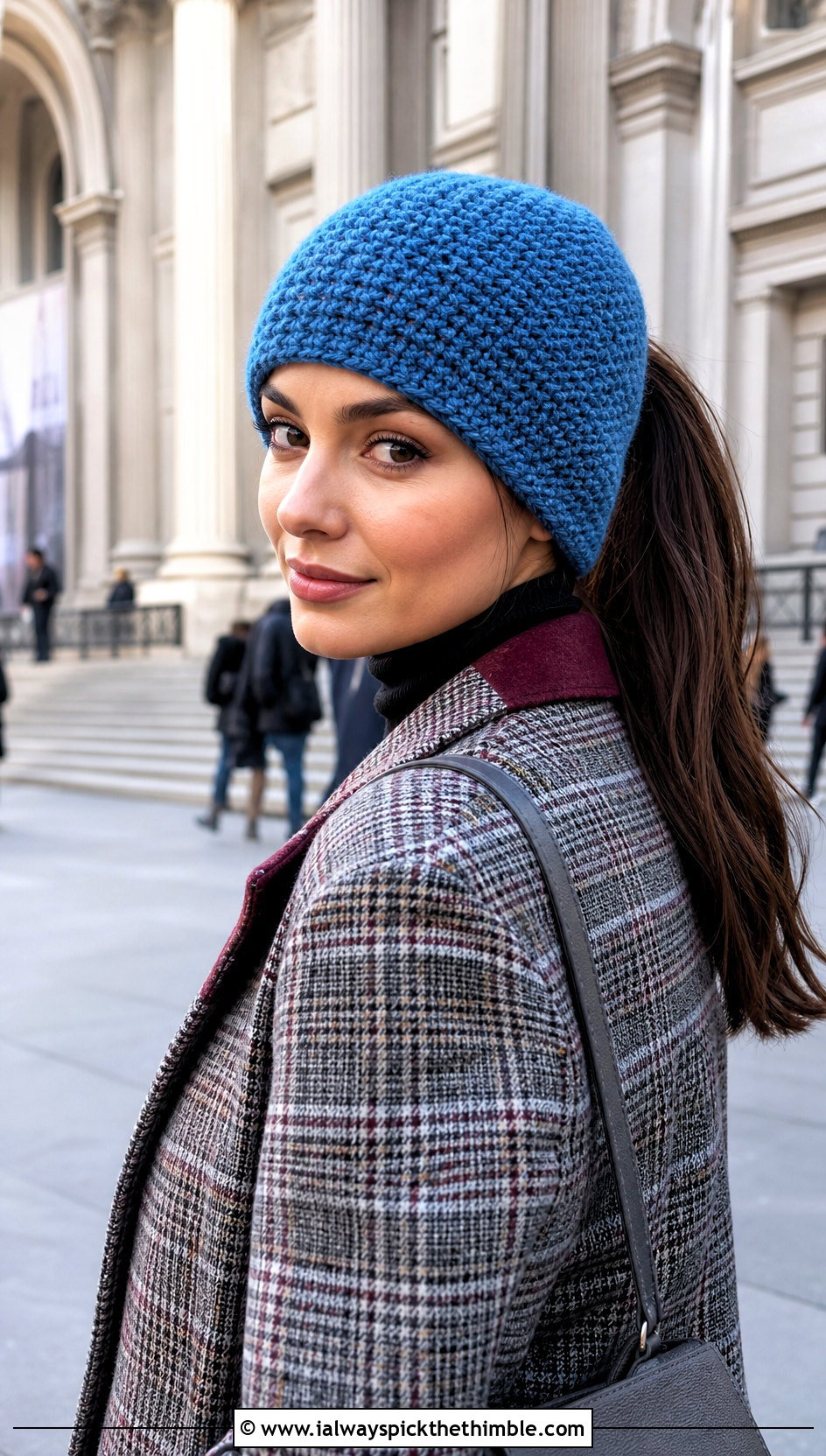 Moss Stitch Crochet Ponytail Beanie With Plaid Coat - 20 Crochet Beanie With Ponytail Hole Hat outfit ideas
