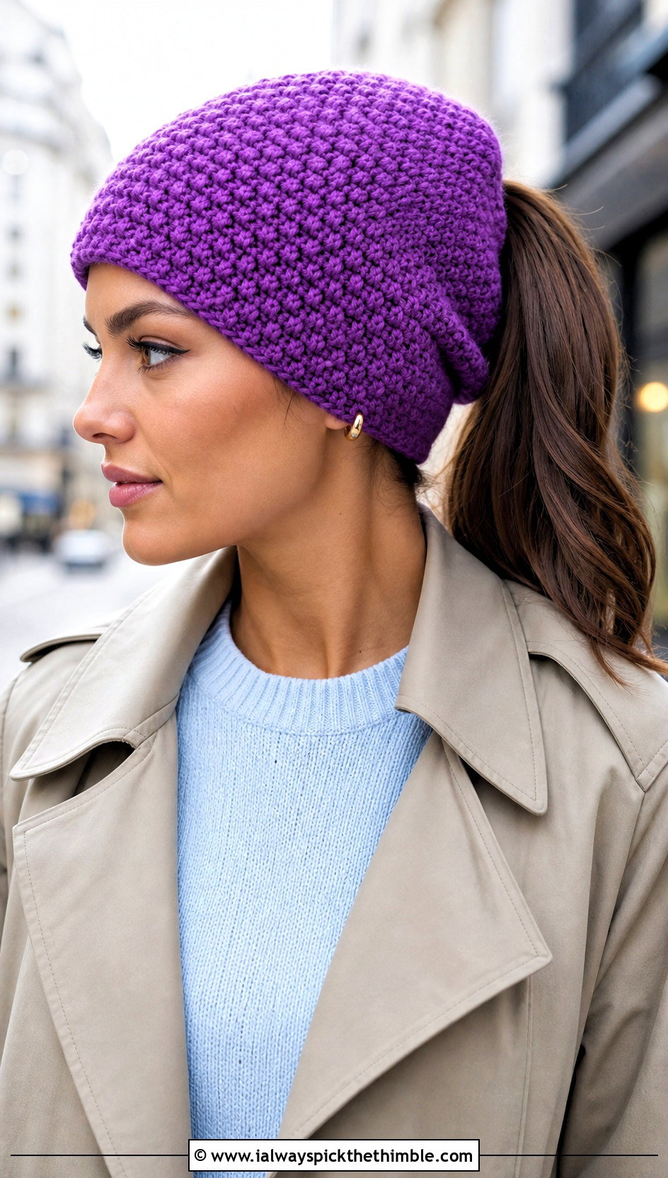 Moss Stitch Crochet Ponytail Beanie With Trench Coat - 20 Crochet Ponytail Beanie outfit ideas