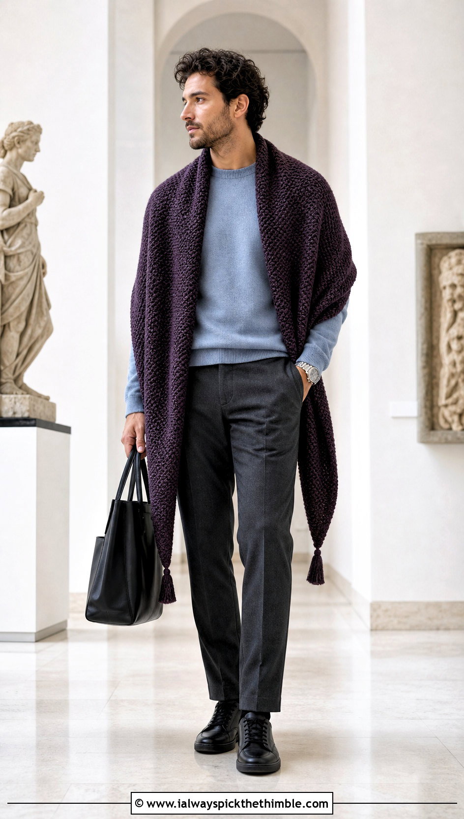 Moss Stitch Crochet Prayer Shawl With A Minimal Outfit - 20 Mens Crochet Prayer Shawl outfit ideas