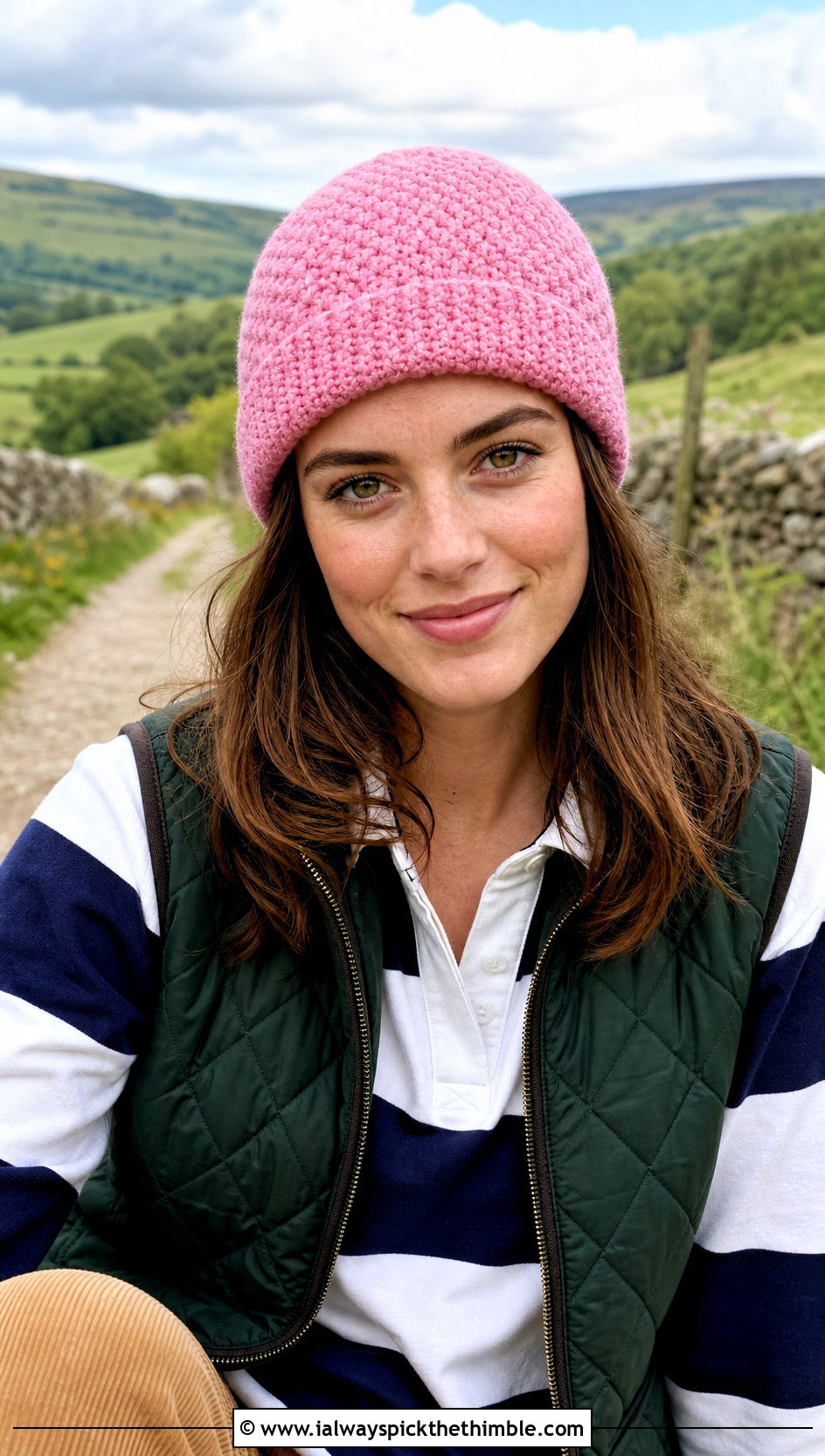 Moss Stitch Crochet Rectangle Beanie With Quilted Vest - 20 Crochet Rectangle Hat outfit ideas