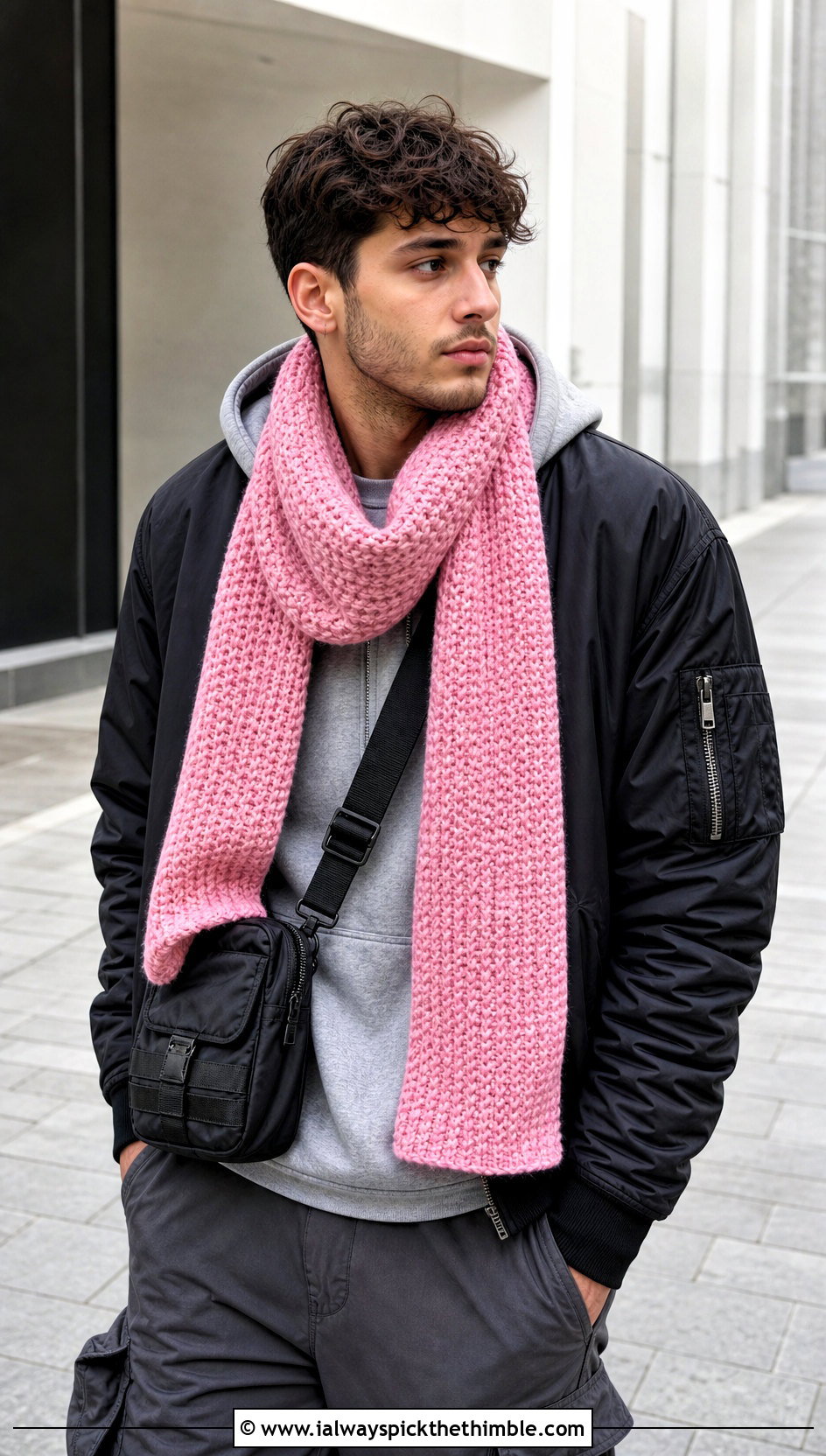 Moss Stitch Crochet Scarf With Bomber Jacket - 20 crochet scarf ideas for men