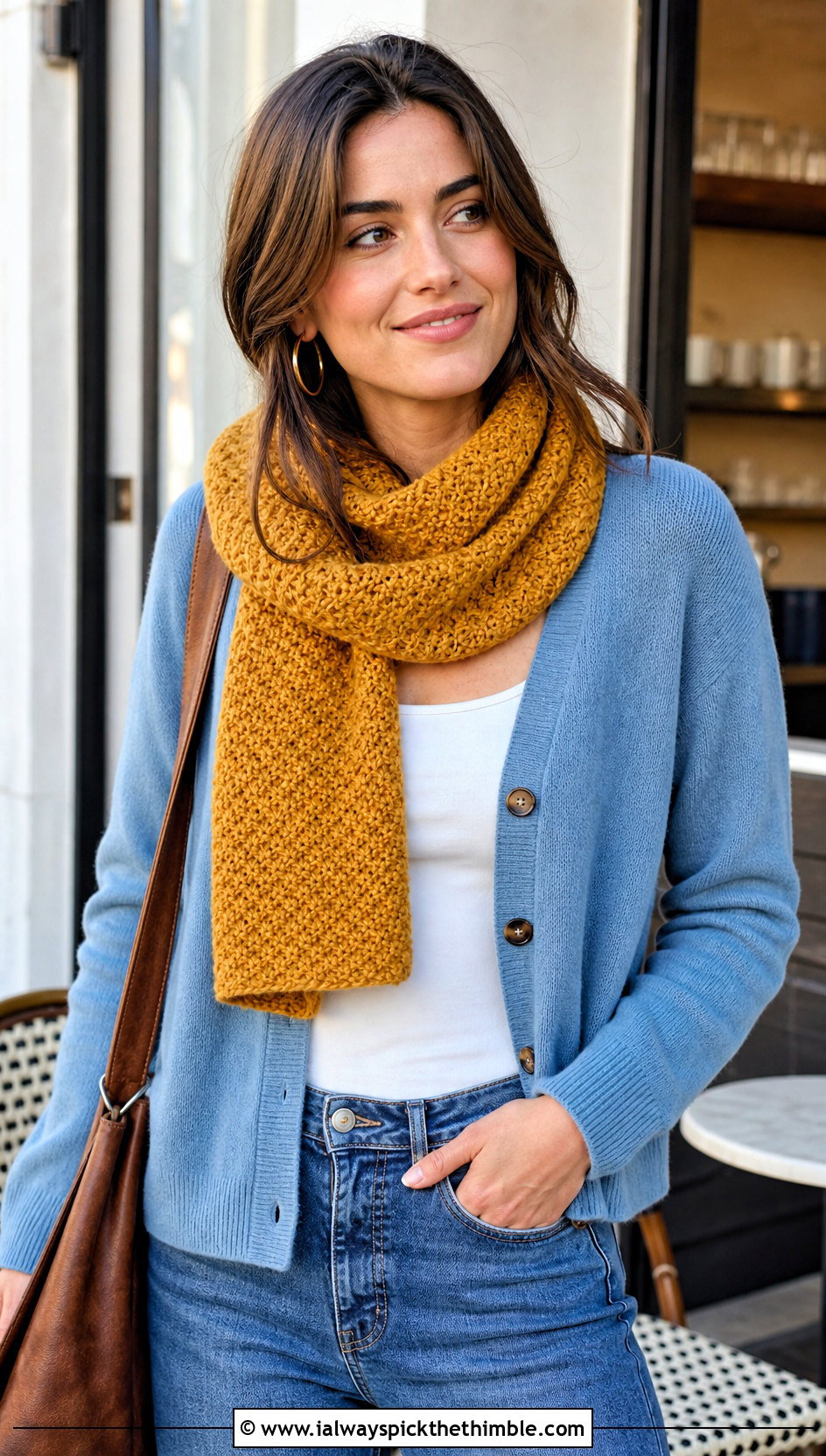Moss Stitch Crochet Scarf With Cardigan And Jeans - 25 beginner crochet scarf outfit ideas