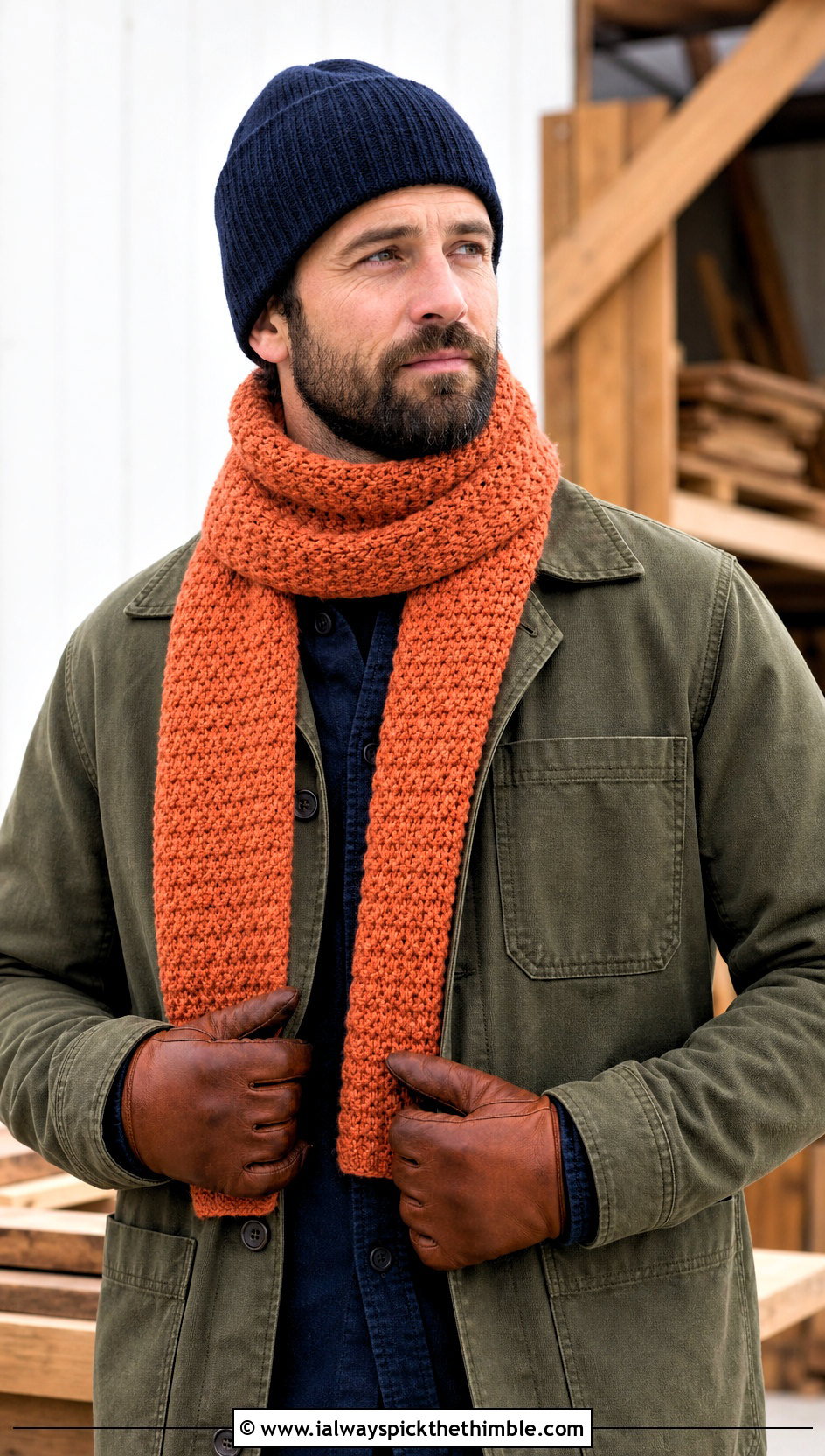 Moss Stitch Crochet Scarf With Chore Coat - 20 Mens Winter Crochet Scarf outfit ideas