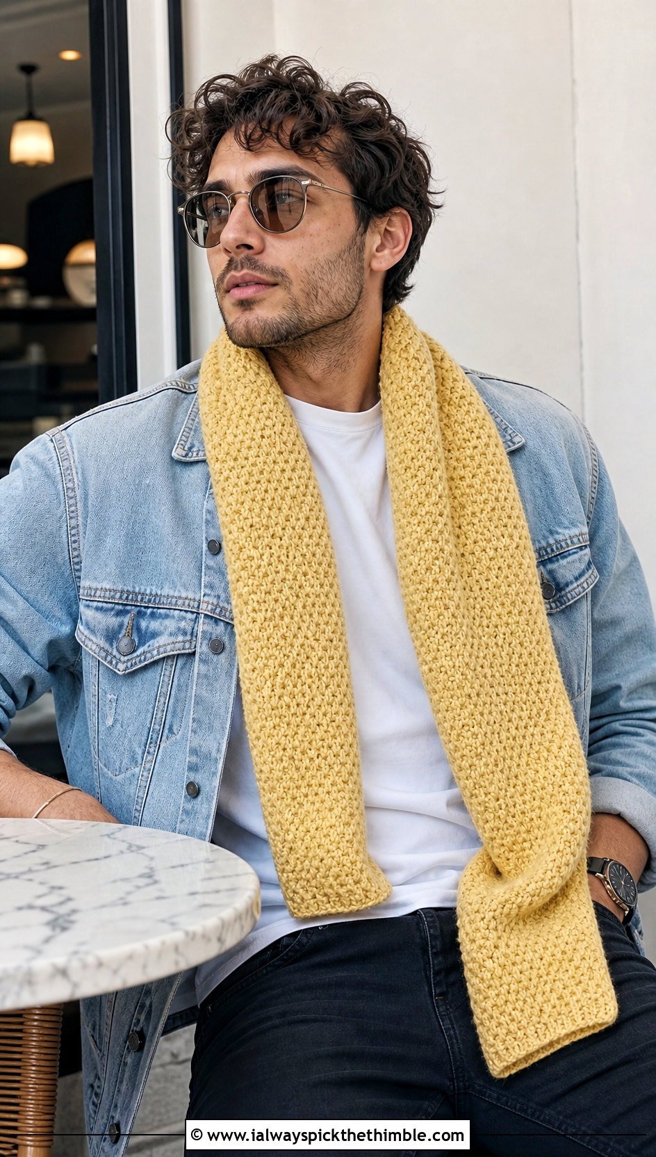 Moss Stitch Crochet Scarf With Denim Jacket - 15 crochet stitch for mens scarf outfit ideas