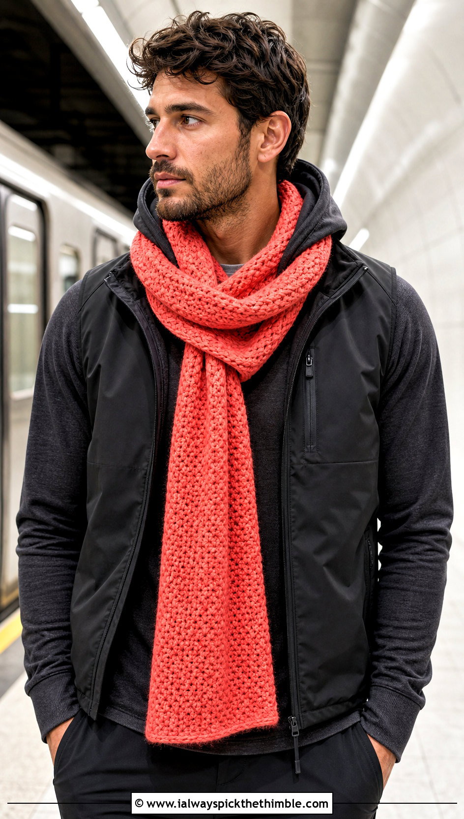 Moss Stitch Crochet Scarf With Hoodie - 20 easy crochet scarf men outfit ideas
